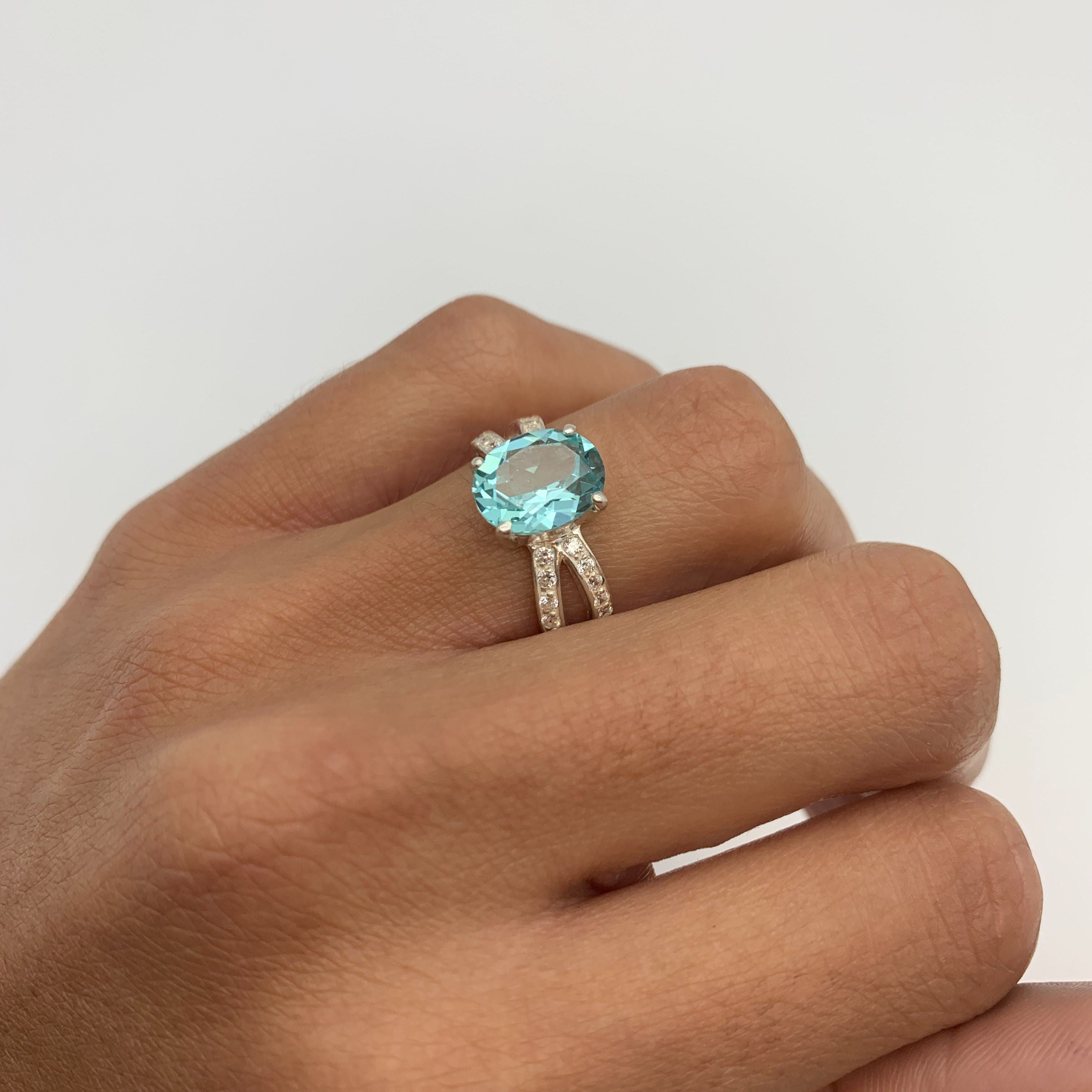 Aquamarine Ring, Created Aquamarine Ring, Blue Engagement Ring, Blue Promise Ring, Blue Diamond Ring, Sterling Silver Ring, Large Aquamarine