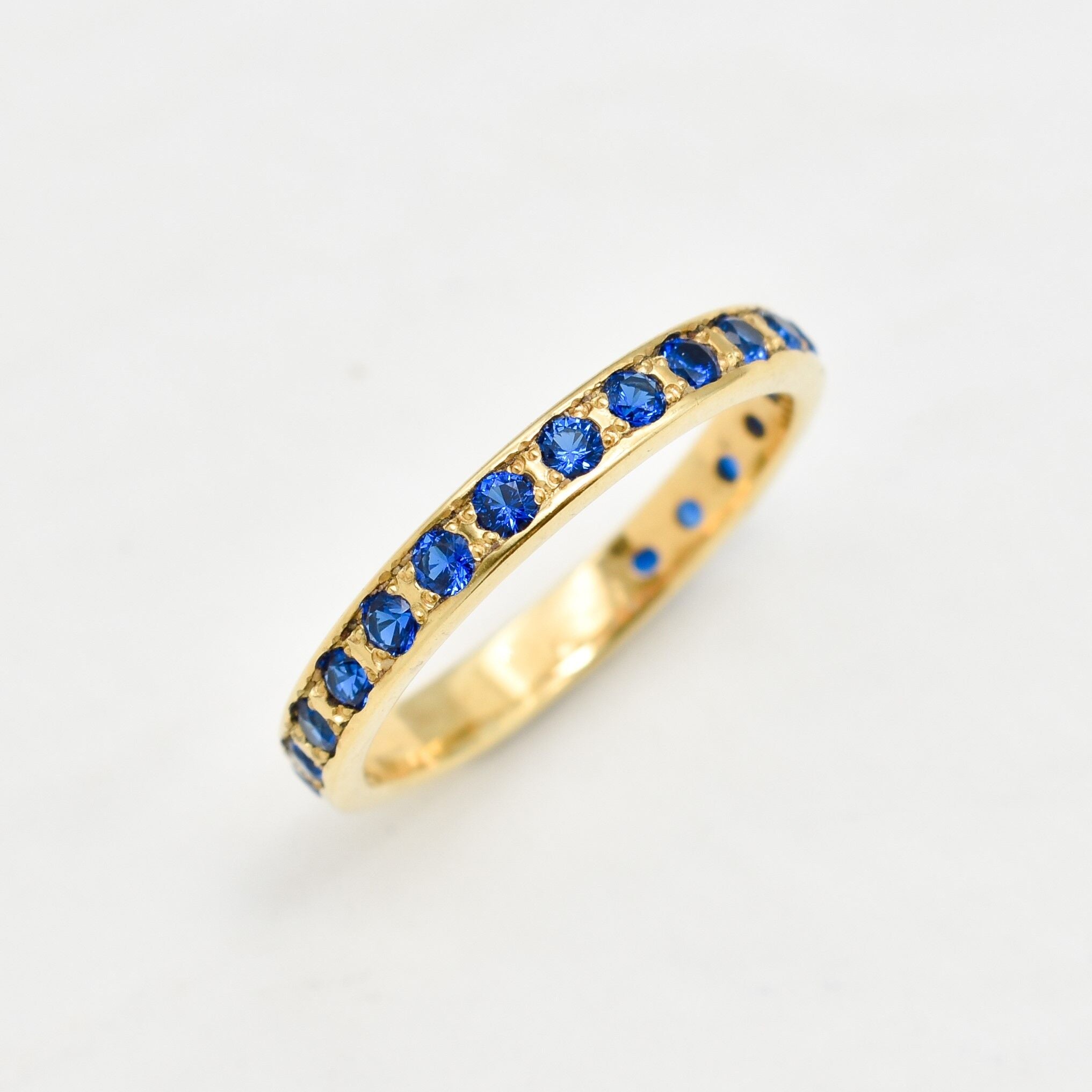 Created Sapphire Ring made in 18k Gold Vermeil with Round Created Blue Sapphire in Channel-Set setting, September Birthstone gift idea, symbolizes sincerity, truth, and faithfulness, ideal for everyday wear and perfect for birthday gifting and special occasions.