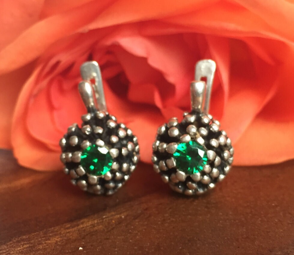 Created Emerald Earrings made in 925 Sterling Silver with Round Created Green Emerald in Prong setting, May Birthstone gift idea, symbolizes, ideal for everyday wear and perfect for birthday gifting and special occasions.