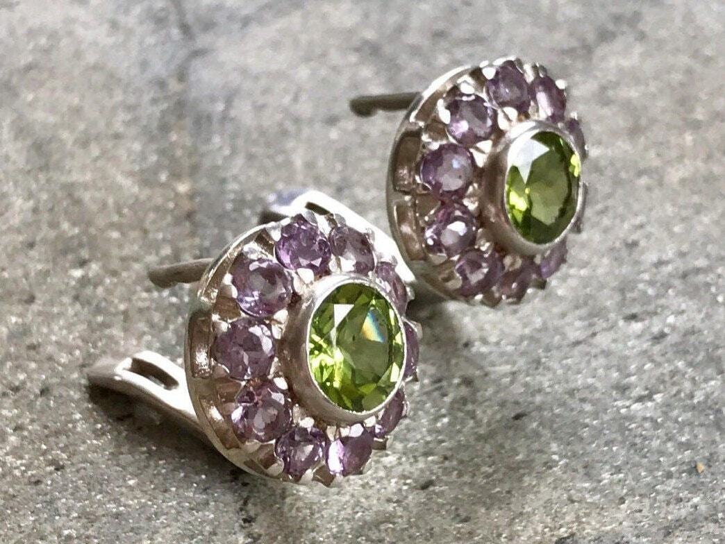 Amethyst Earrings, Peridot Earrings, Natural Stones, February Birthstone, Flower Earrings, Victorian Earrings, August Birthstone, Peridot
