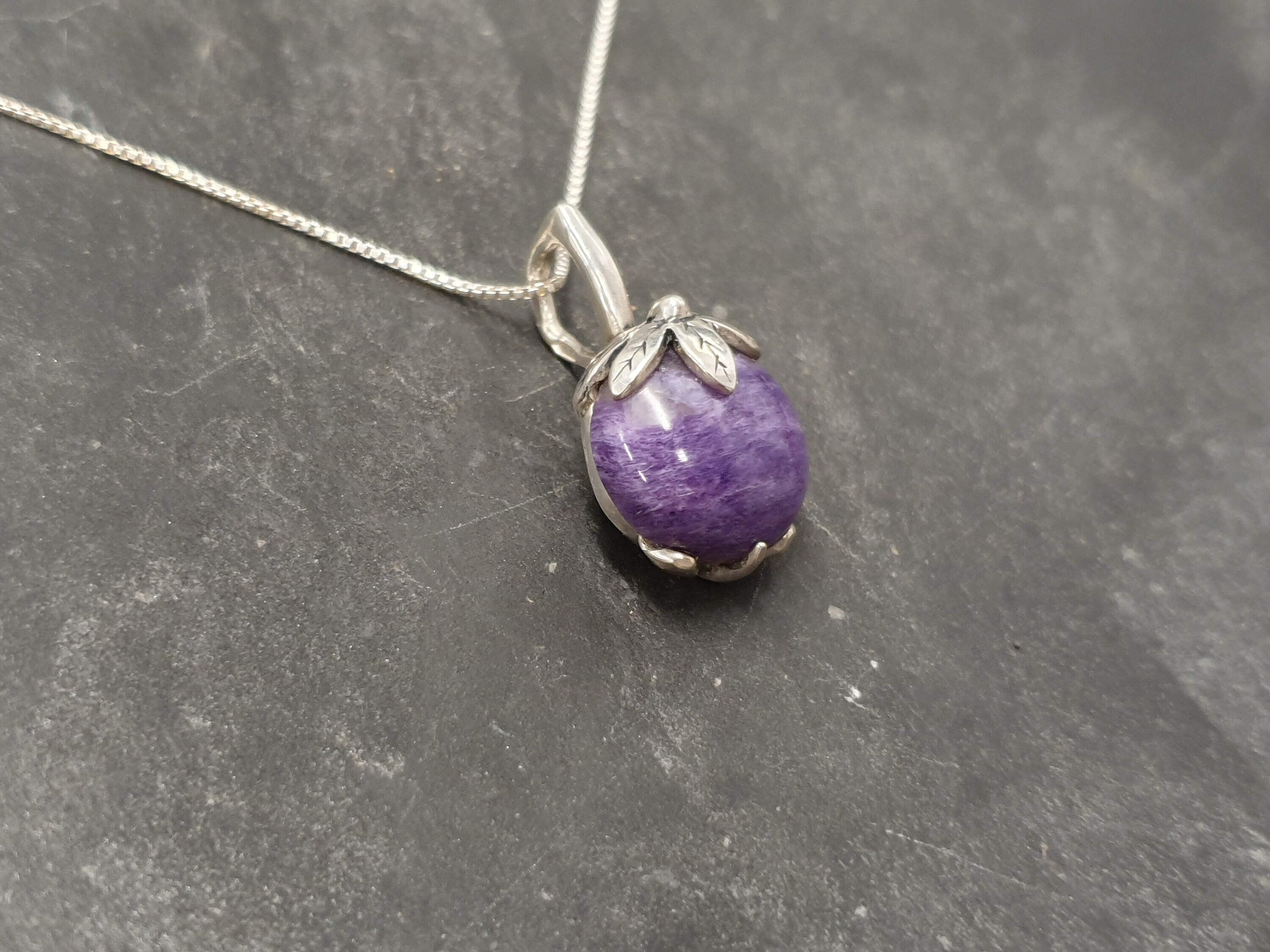 Leaf Pendant, Natural Charoite, Charoite Pendant, Scorpio Birthstone, Floral Pendant, Purple Floral Pendant, Small Floral Pendant, Charoite