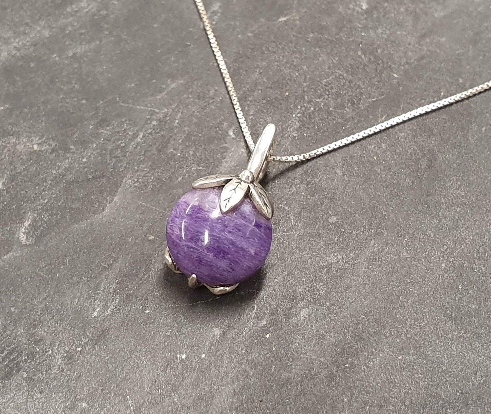 Leaf Pendant, Natural Charoite, Charoite Pendant, Scorpio Birthstone, Floral Pendant, Purple Floral Pendant, Small Floral Pendant, Charoite