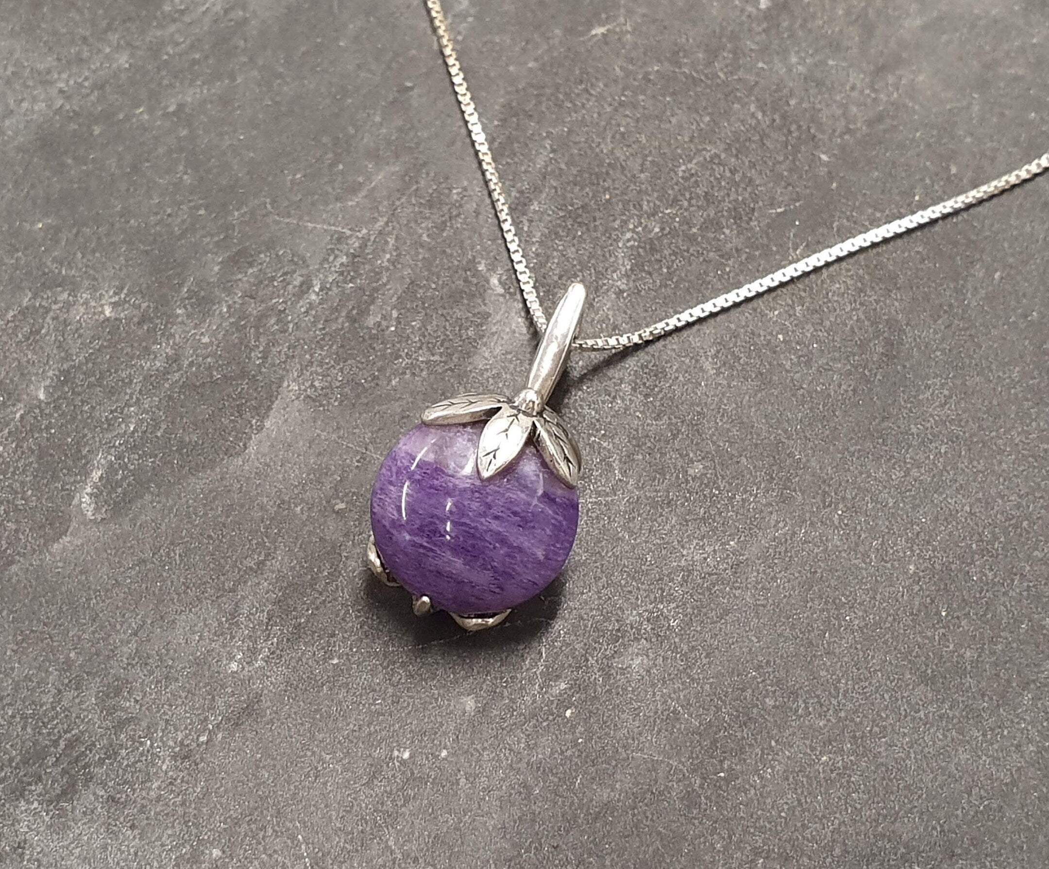 Leaf Pendant, Natural Charoite, Charoite Pendant, Scorpio Birthstone, Floral Pendant, Purple Floral Pendant, Small Floral Pendant, Charoite