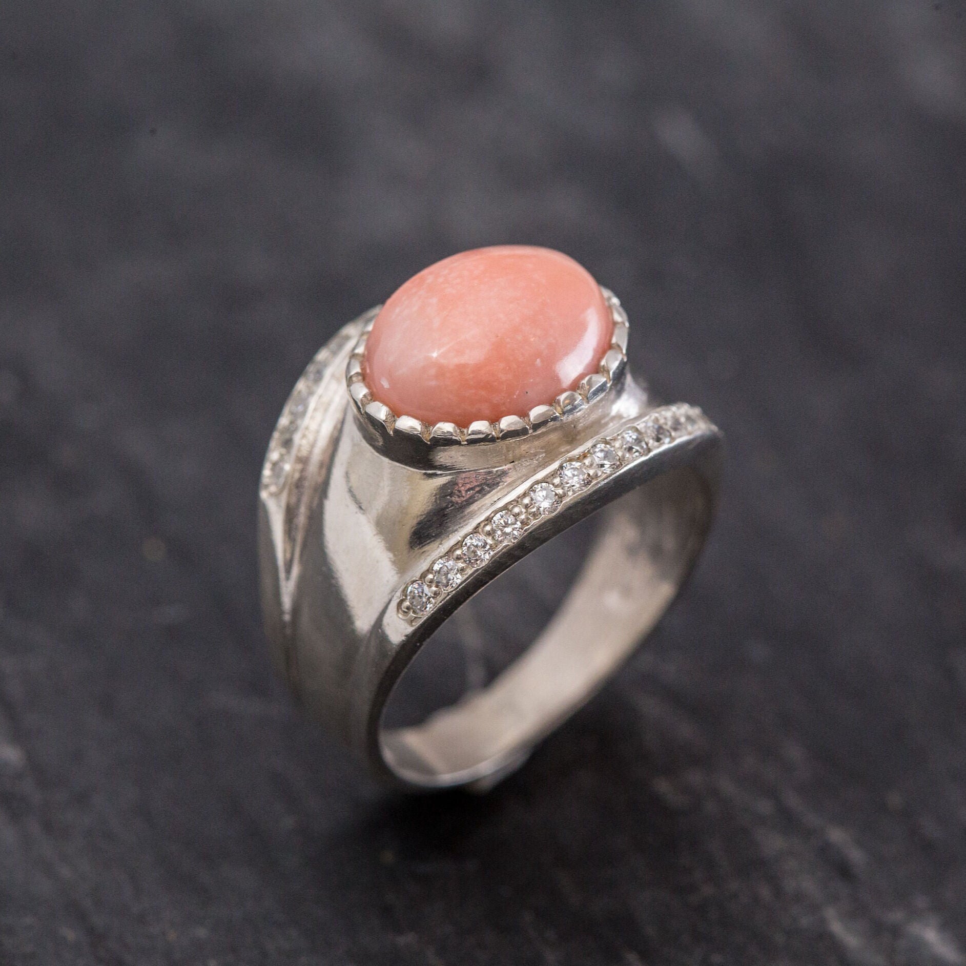 Large Coral Ring, Natural Coral Ring, Bezel Ring, Thick Silver Ring, March Birthstone, Angel Skin Coral, Pink Coral Ring, Vintage Rings