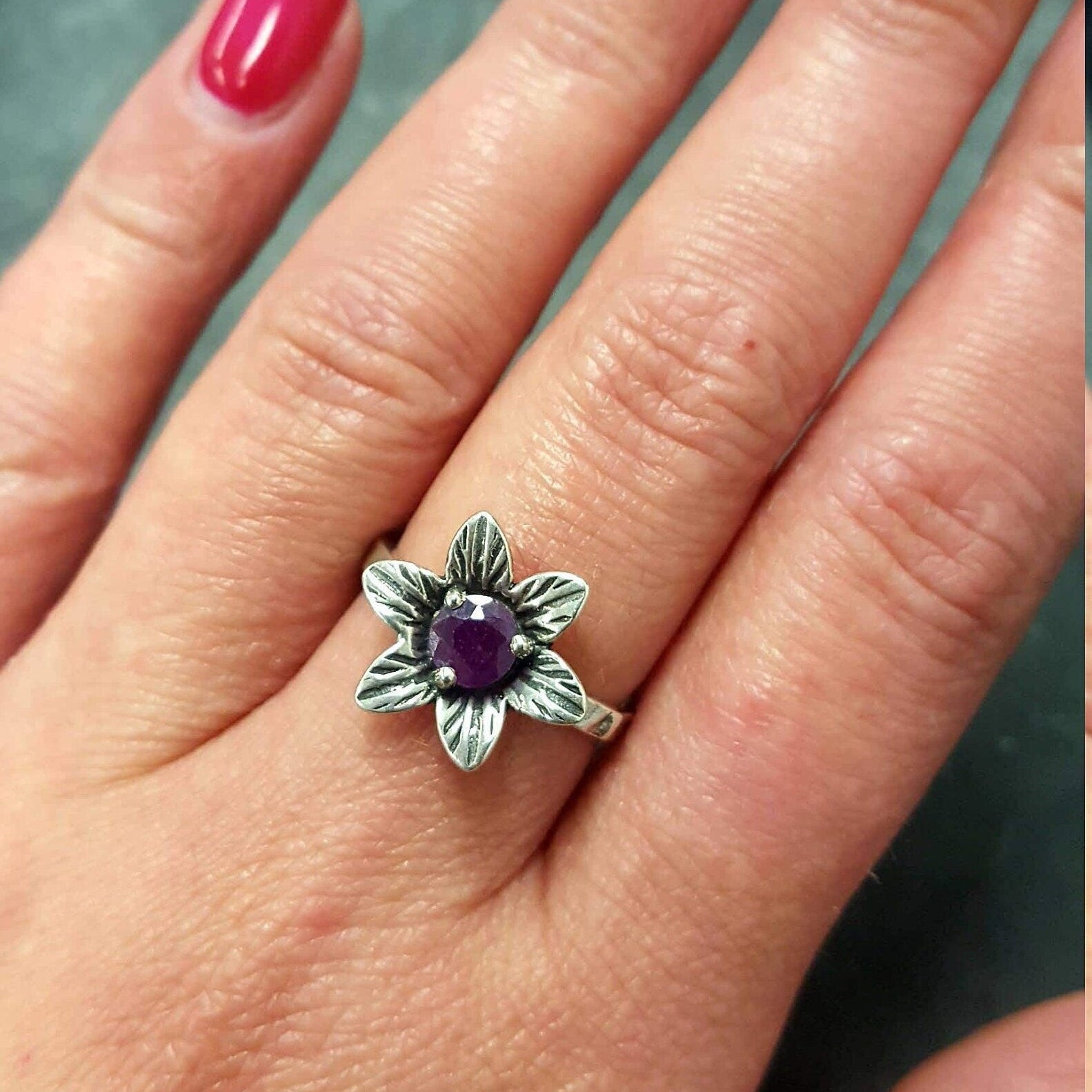 Elegant 925 Sterling Silver Natural Ruby Ring with a vibrant Round Red Ruby, perfect for July birthdays and special occasions.