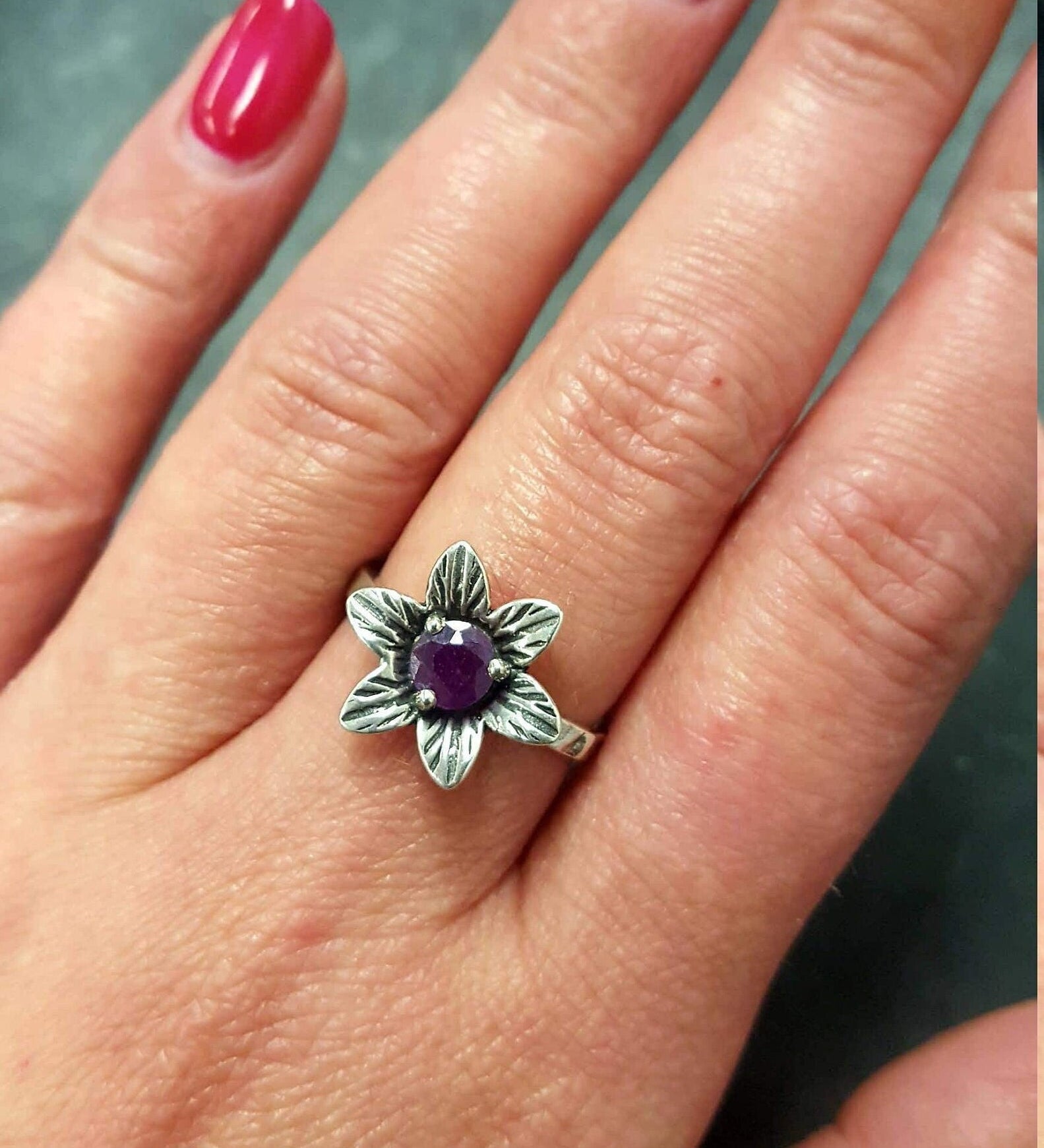Elegant 925 Sterling Silver Natural Ruby Ring with a vibrant Round Red Ruby, perfect for July birthdays and special occasions.