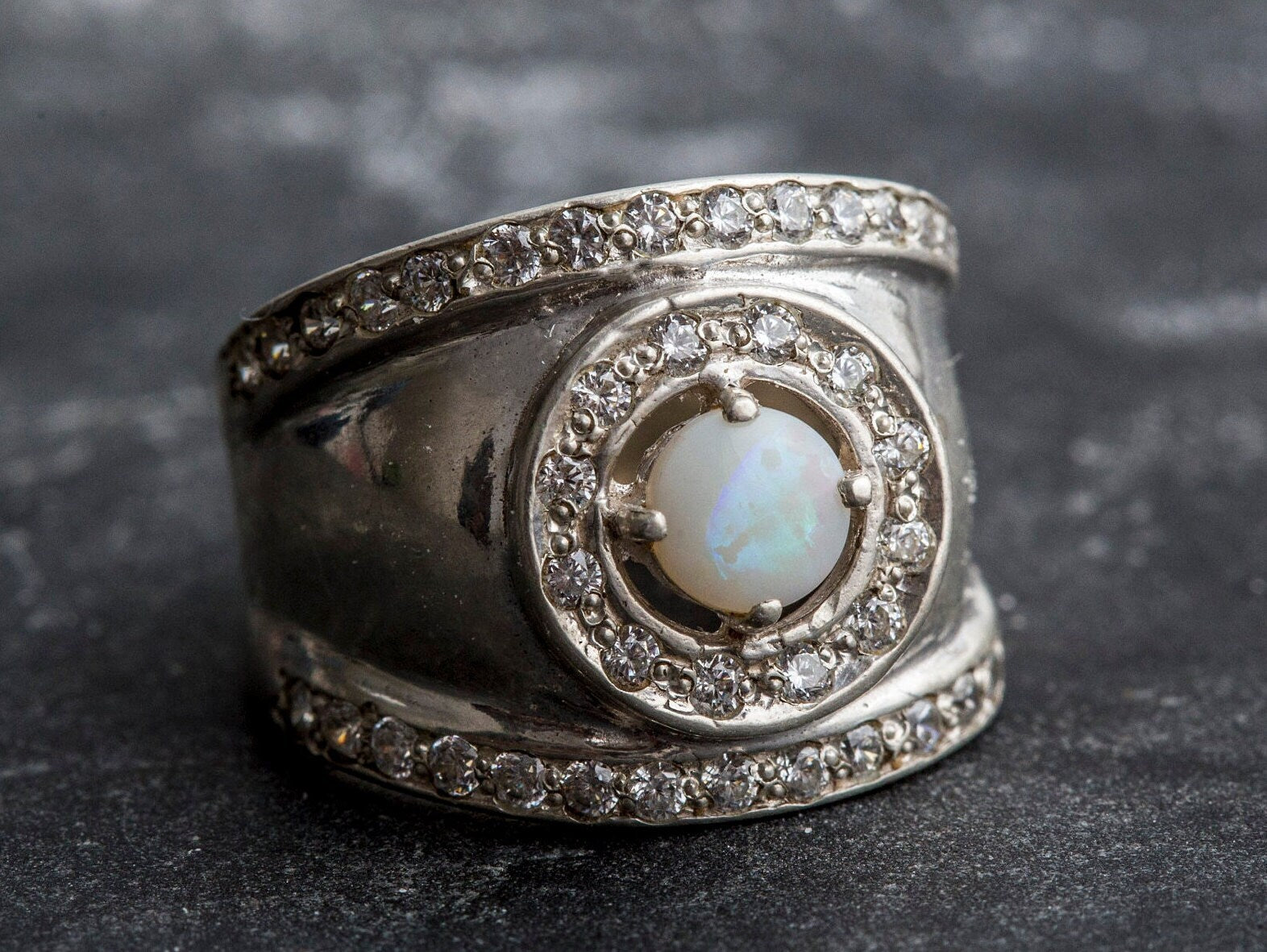 Vintage Opal Ring, Natural Opal Ring, Bezel Ring, Australian Opal, October Birthstone, Wide Silver Ring, Solid Silver Ring, Fire Opal, Opal