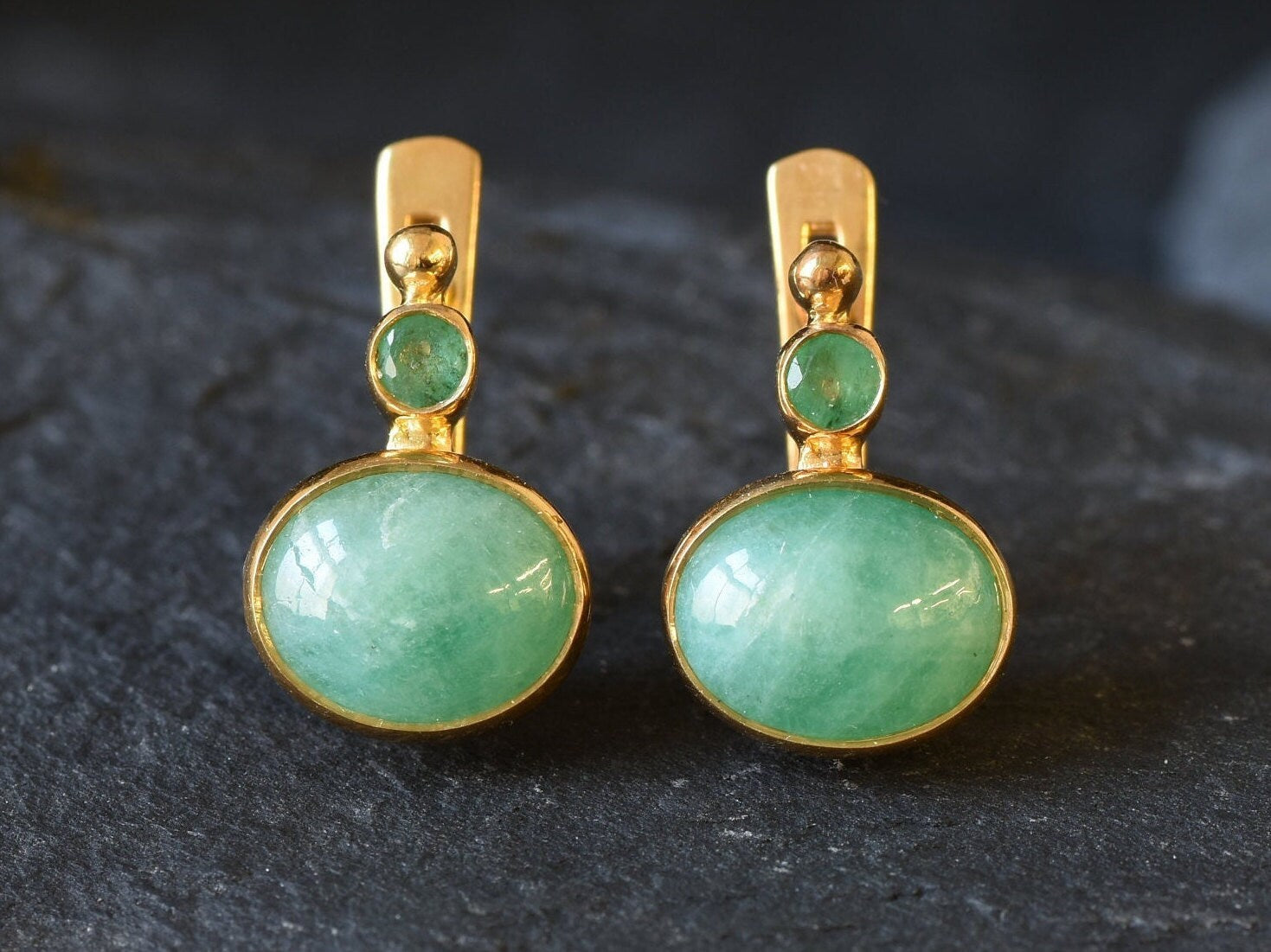 Natural Emerald Earrings made in 18k Gold Vermeil with Oval Natural Green Emerald in Bezel setting, May Birthstone gift idea, symbolizes growth, harmony, and deep emotional healing, ideal for everyday wear and perfect for birthday gifting and special occasions.
