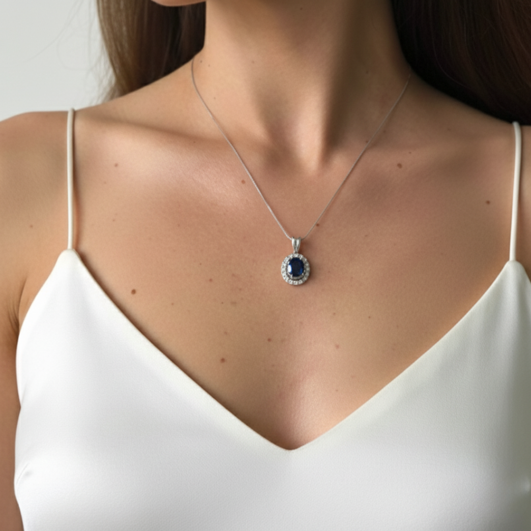925 Sterling Silver Sapphire Pendant with Halo setting, September birthstone symbolizes sincerity and is perfect for gifts.
