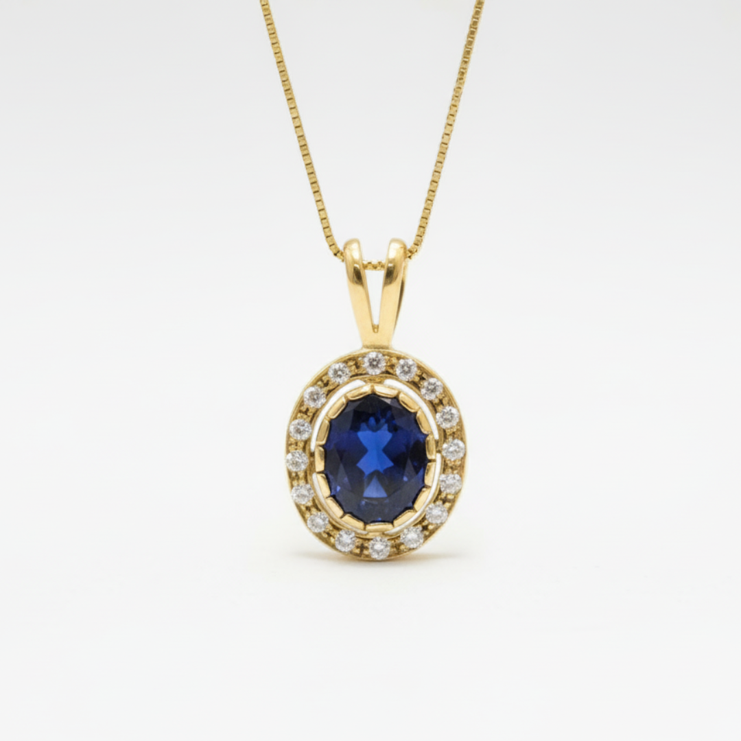 Created Sapphire Pendant made in 18k Gold Vermeil with Oval Created Blue Sapphire in Halo setting, September Birthstone gift idea, symbolizes sincerity, truth, and faithfulness, ideal for everyday wear and perfect for birthday gifting and special occasions.