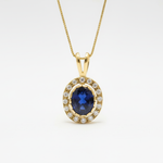 Created Sapphire Pendant made in 18k Gold Vermeil with Oval Created Blue Sapphire in Halo setting, September Birthstone gift idea, symbolizes sincerity, truth, and faithfulness, ideal for everyday wear and perfect for birthday gifting and special occasions.