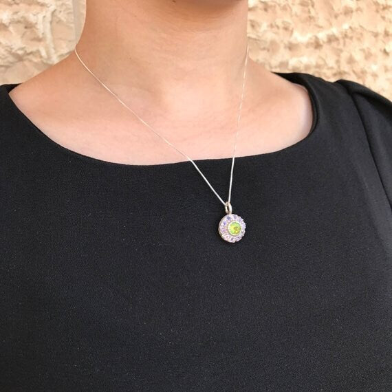 Halo-set 925 Sterling Silver pendant featuring round Created Blue Sapphire, perfect birthday gift for September. 