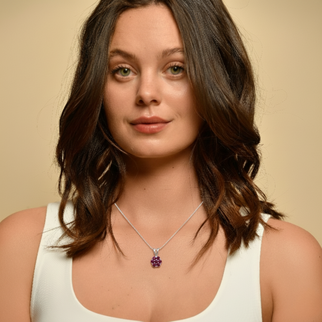 Natural Ruby Cluster Pendant in 925 Sterling Silver, a meaningful July birthstone gift perfect for daily wear or celebrations.