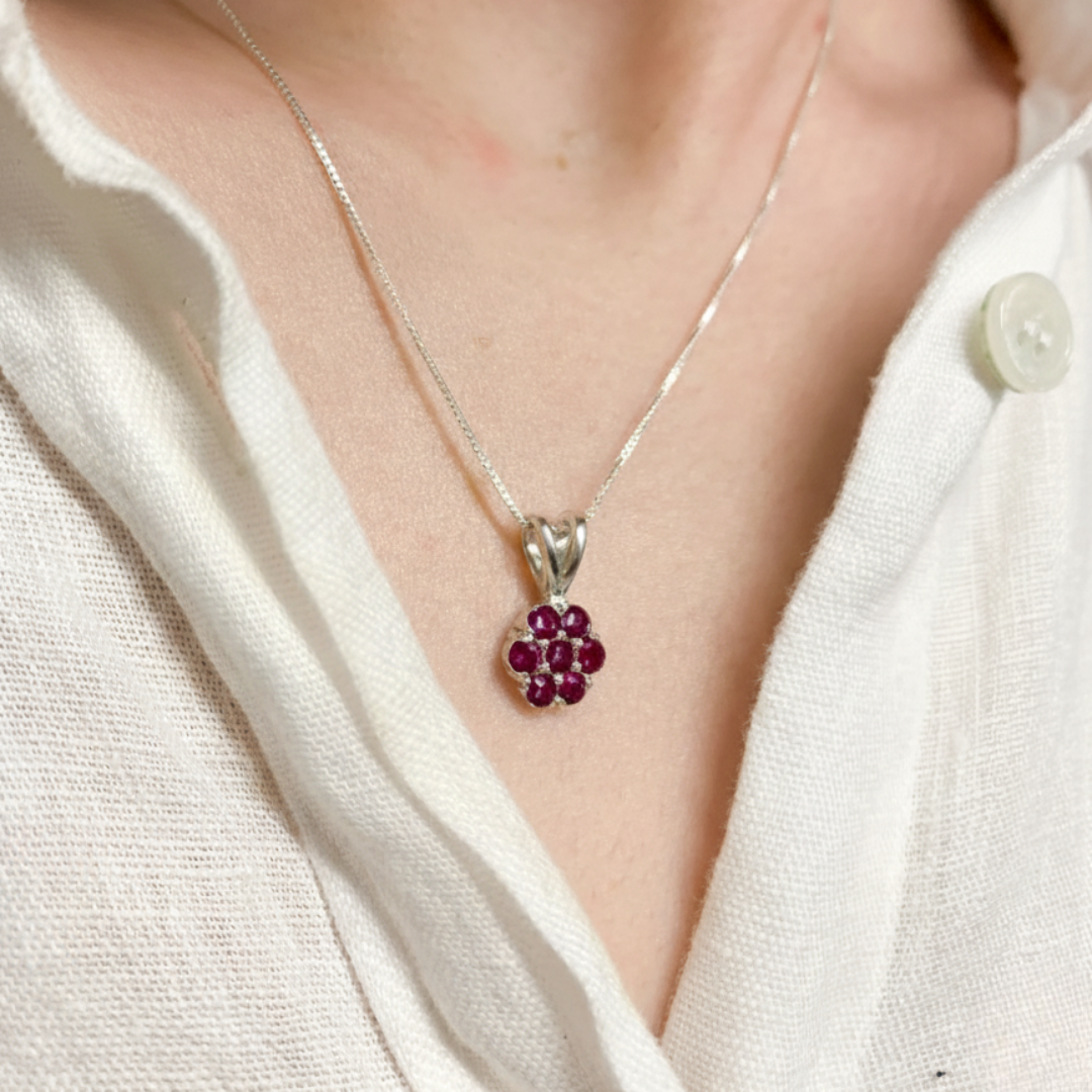 Sterling Silver Natural Ruby Pendant, Round Cluster Design, July Birthstone, ideal for gifting and everyday elegance.