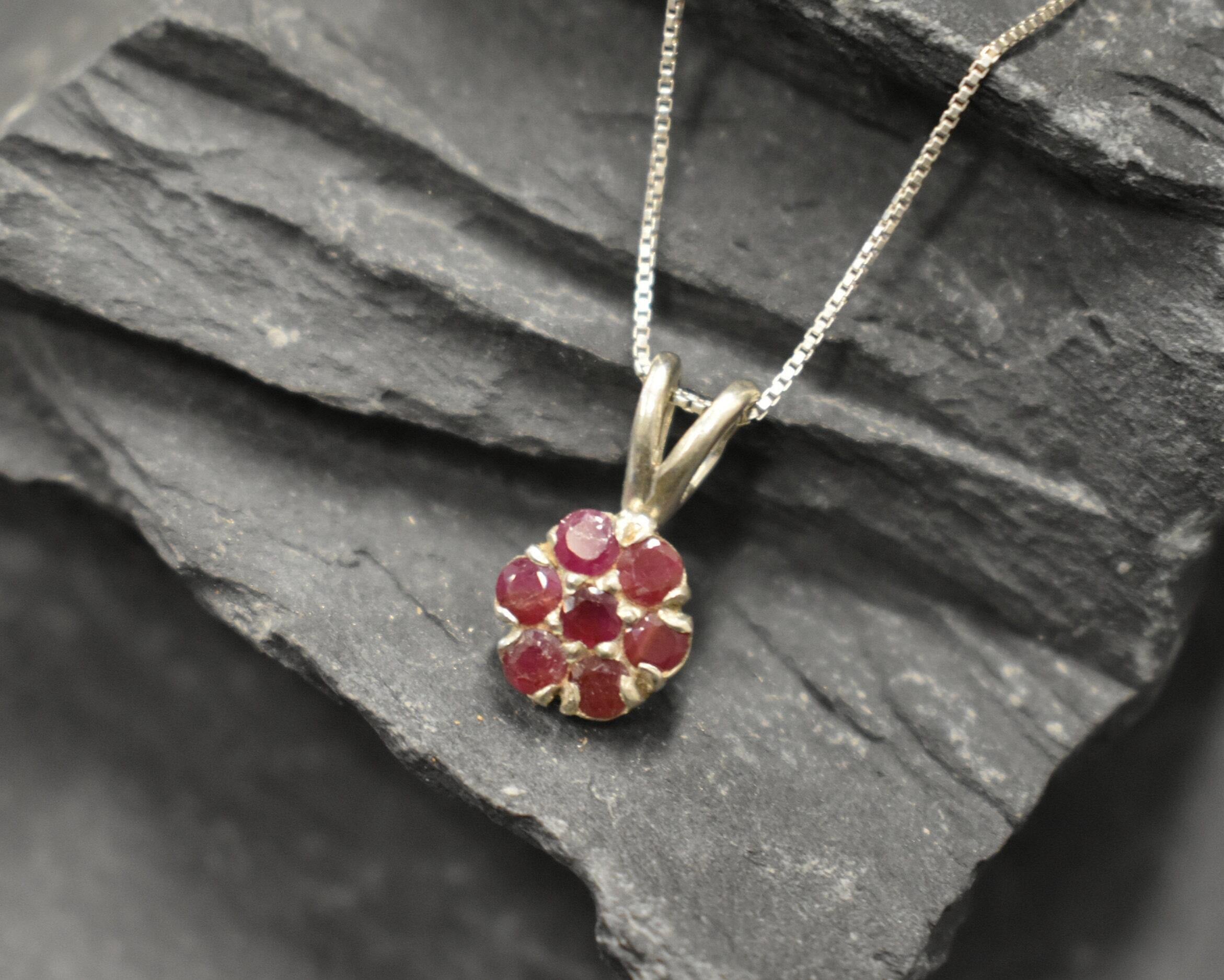 Red Flower Pendant, Natural Ruby, Dainty Pendant, Red Ruby Pendant, Flower Pendant, Small Necklace, Vintage Pendant, Sterling Silver Pendant