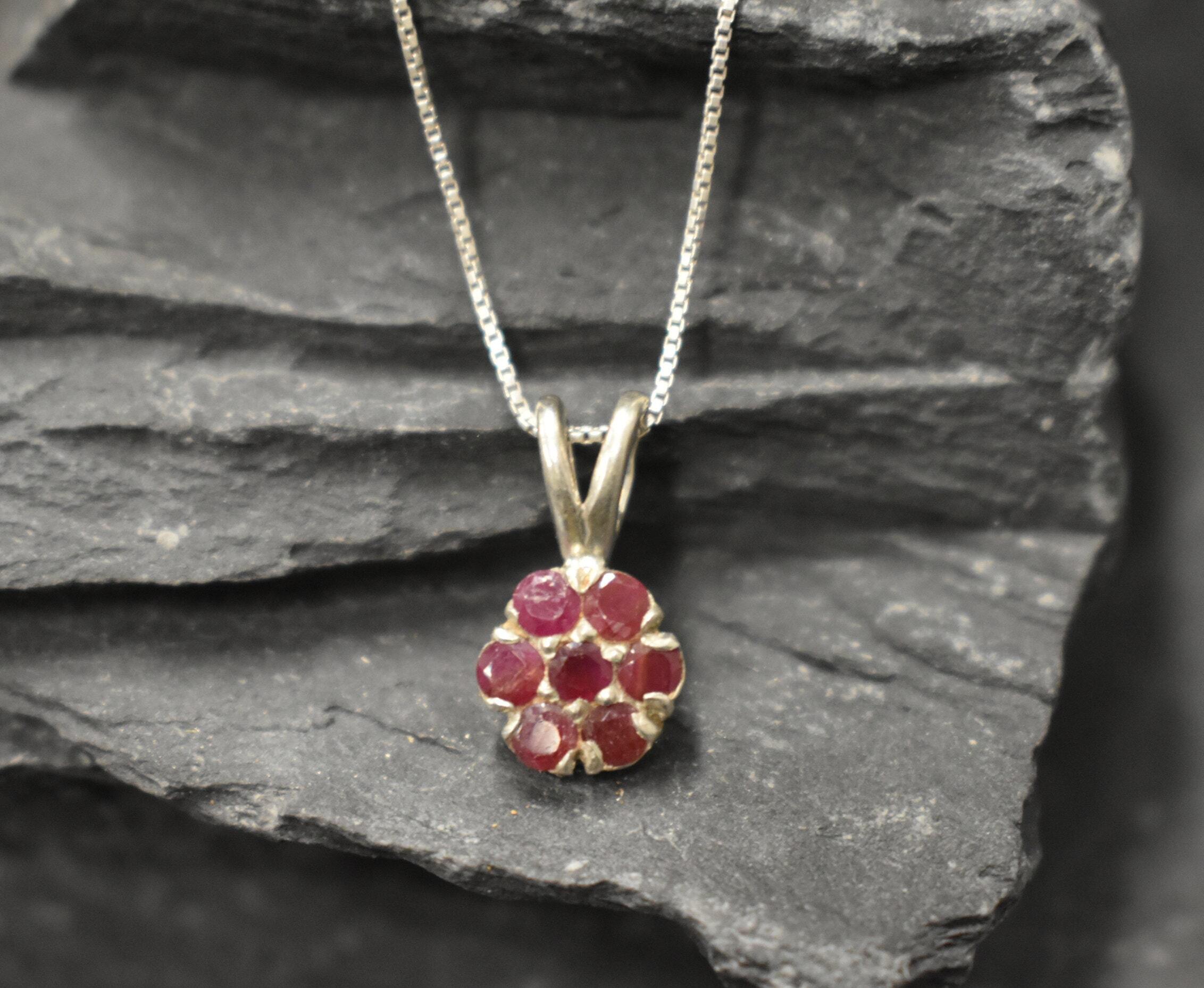 Red Flower Pendant, Natural Ruby, Dainty Pendant, Red Ruby Pendant, Flower Pendant, Small Necklace, Vintage Pendant, Sterling Silver Pendant