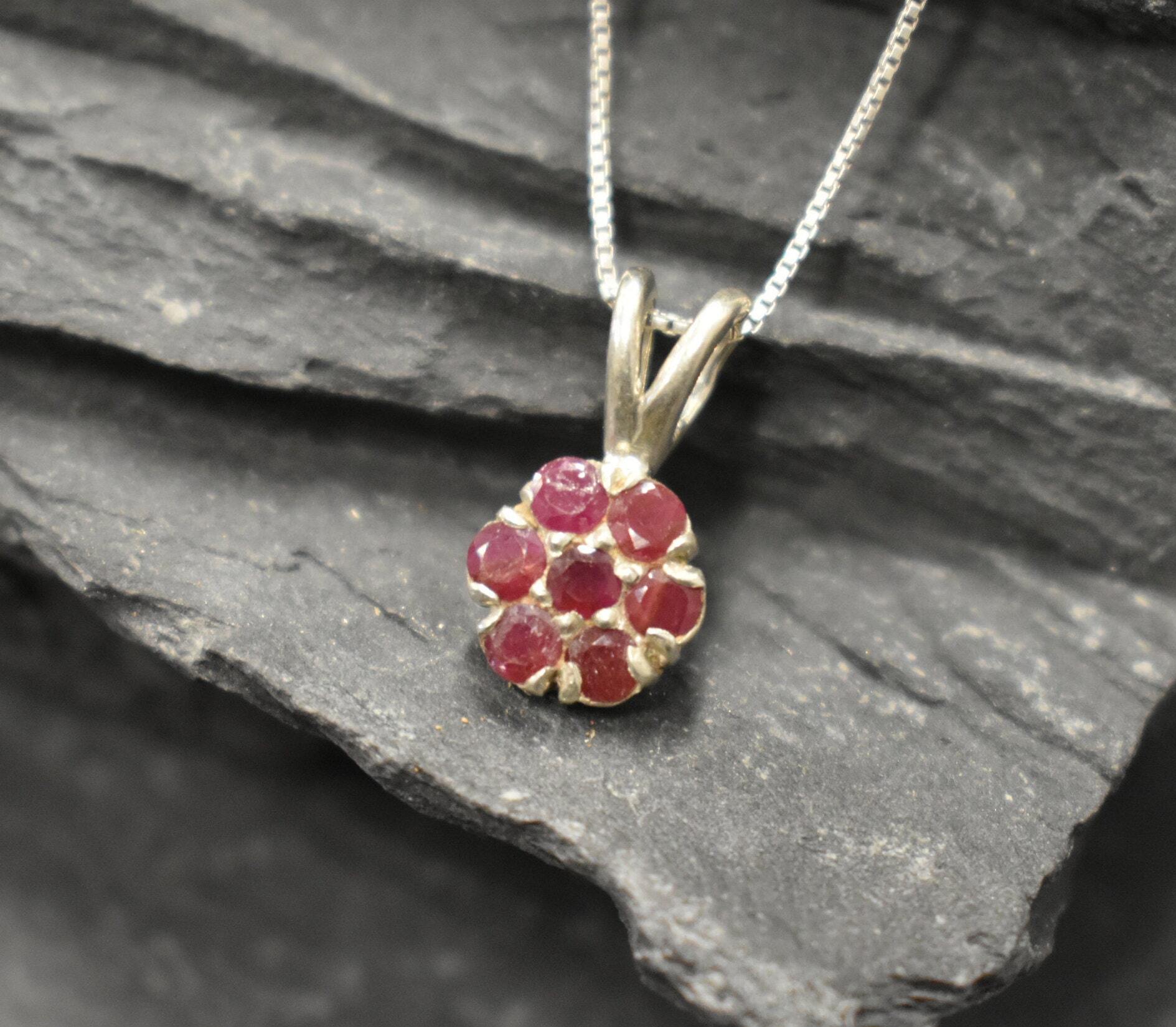 Red Flower Pendant, Natural Ruby, Dainty Pendant, Red Ruby Pendant, Flower Pendant, Small Necklace, Vintage Pendant, Sterling Silver Pendant