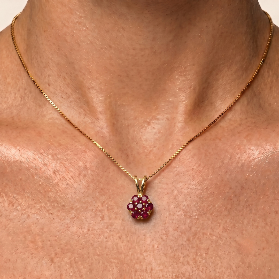 Elegant 18k Gold Vermeil Ruby Pendant featuring a natural red ruby in a stunning cluster setting, perfect for gifting.