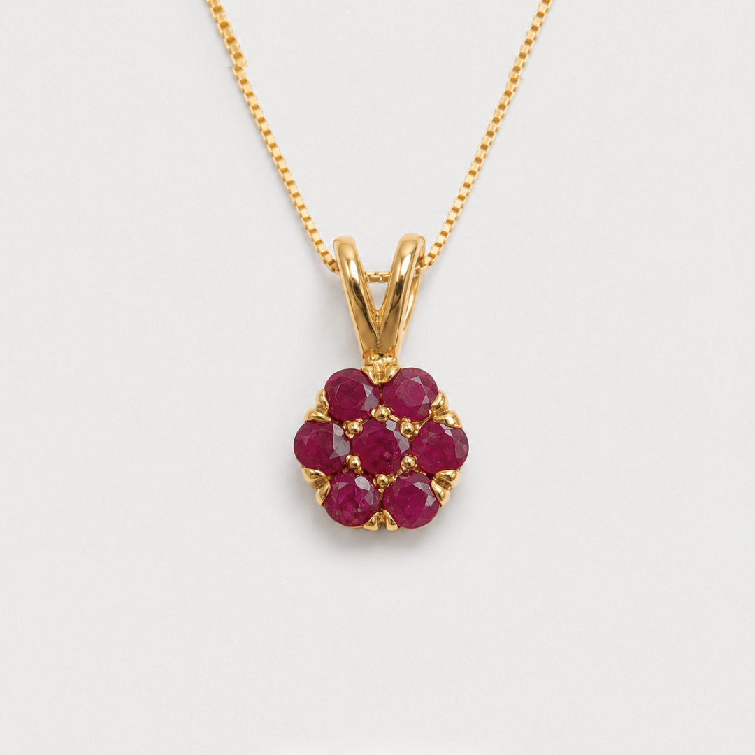 Natural Ruby Pendant made in 18k Gold Vermeil with Round Natural Red Ruby in Cluster setting, July Birthstone gift idea, symbolizes nobility, purity, and passion, ideal for everyday wear and perfect for birthday gifting and special occasions.