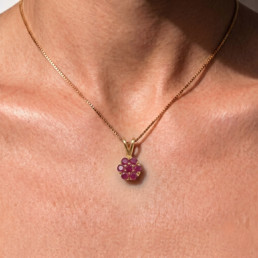 Elegant 18k Gold Vermeil Ruby Pendant featuring a natural red ruby in a stunning cluster setting, perfect for gifting.