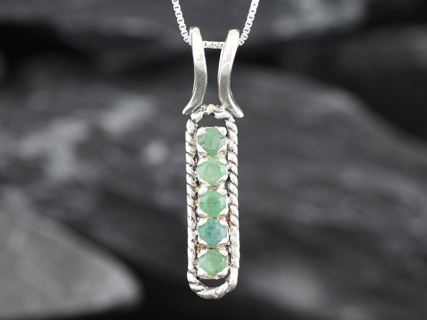 Emerald Pendant, Natural Emerald, May Birthstone, Green Line Pendant, Vertical Pendant, Emerald Necklace, Layering Necklace, Silver Pendant