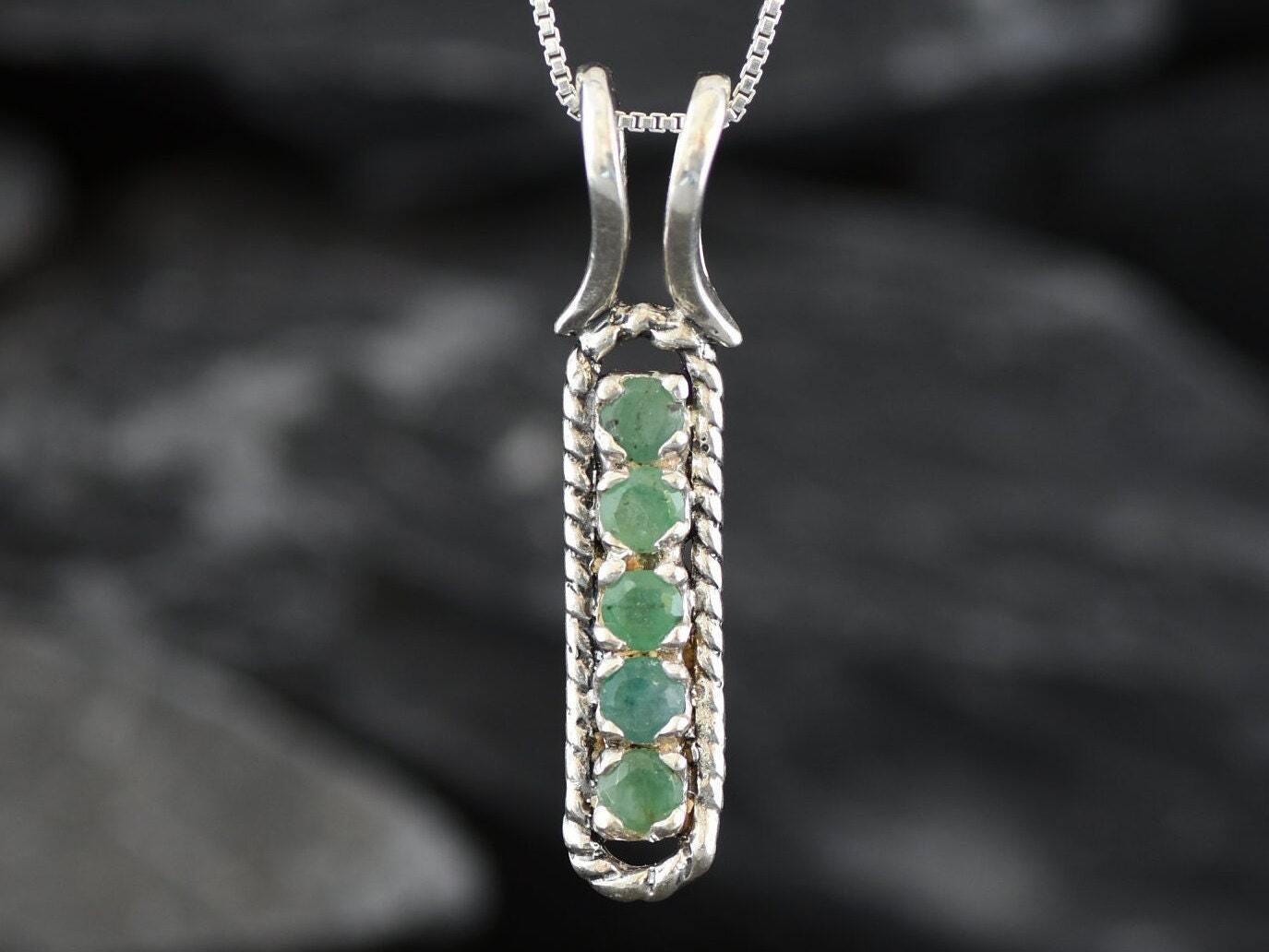 Emerald Pendant, Natural Emerald, May Birthstone, Green Line Pendant, Vertical Pendant, Emerald Necklace, Layering Necklace, Silver Pendant