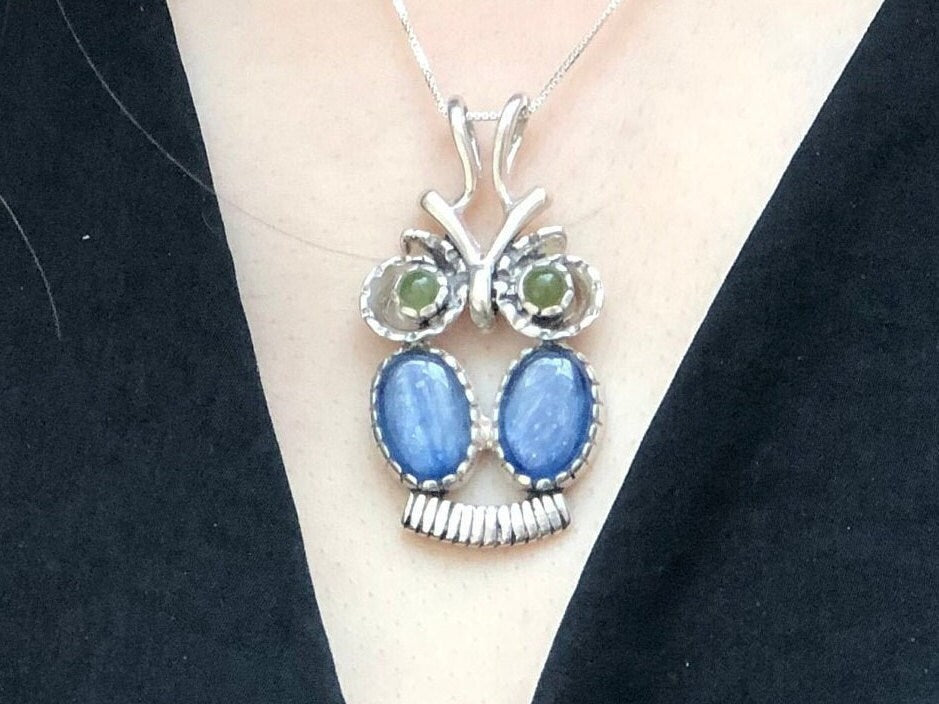 Owl Pendant, Natural Kyanite, Statement Pendant, Taurus Birthstone, Large Owl Pendant, Vintage Pendant, Wisdom Pendant, Solid Silver Pendant