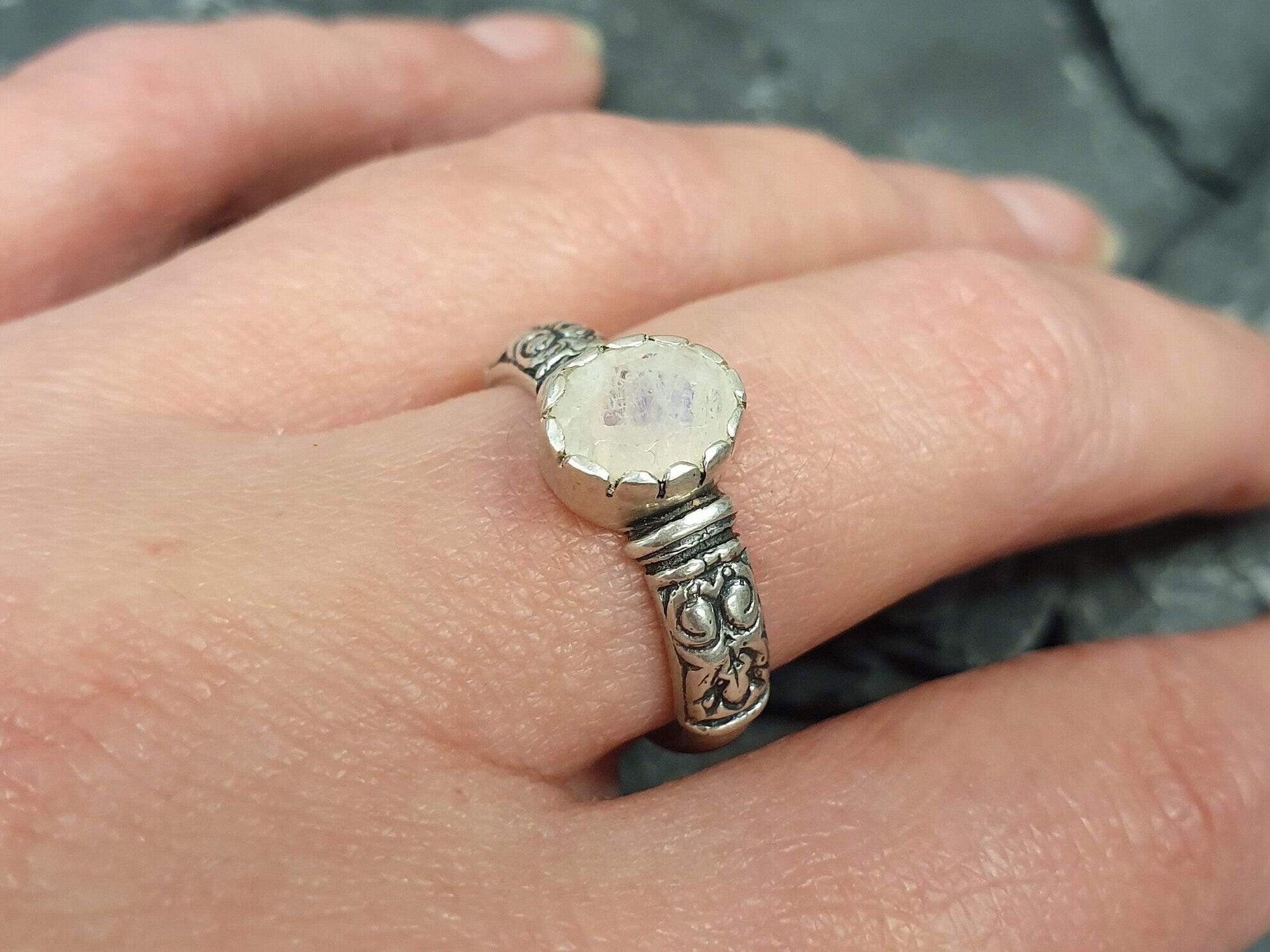 Tribal Moonstone Ring, Rainbow Moonstone, Natural Moonstone, Bohemian Ring, Promise Solitaire Ring, Thick Silver Ring, Sterling Silver Ring