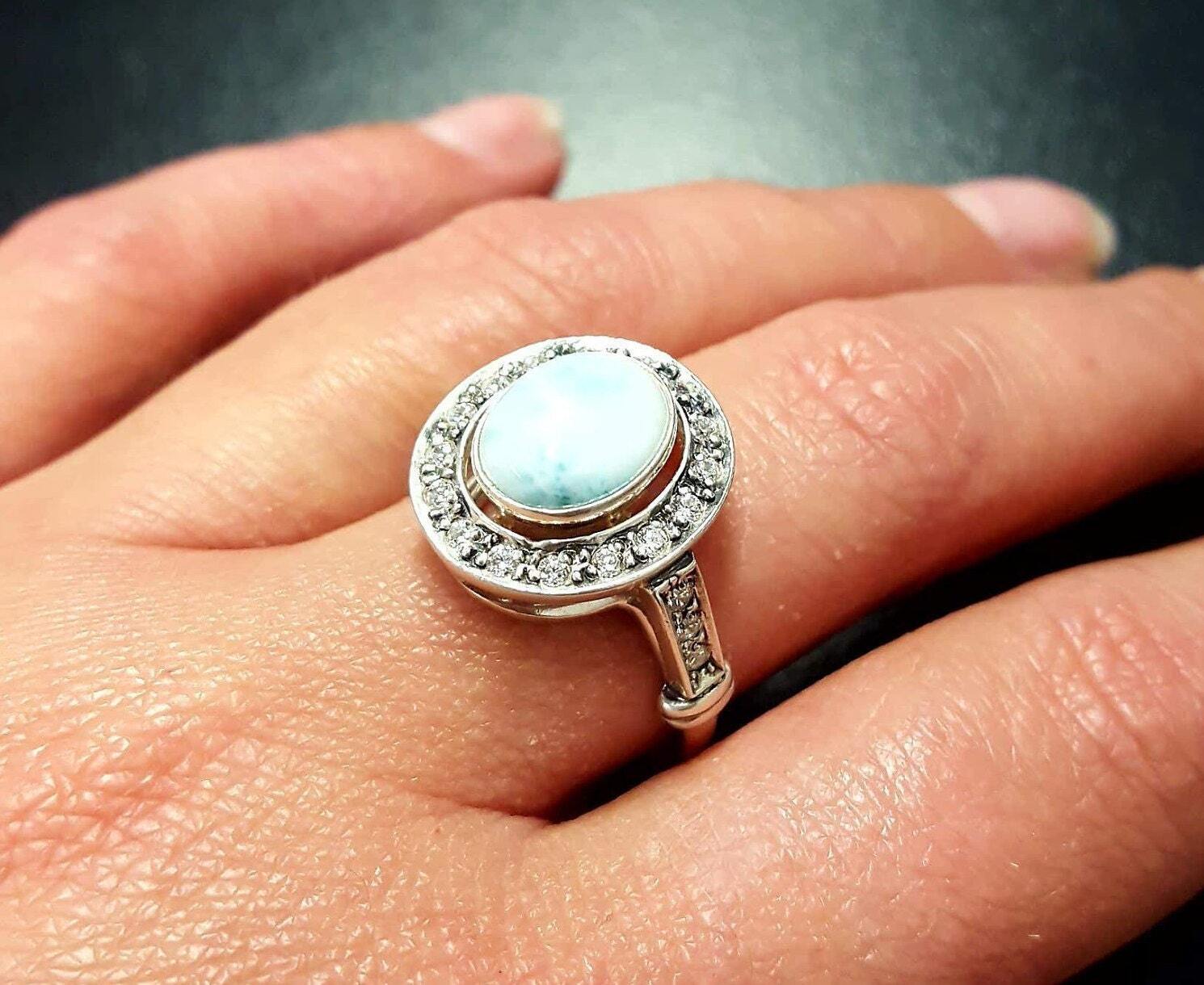 Larimar Ring, Blue Antique Ring, March Ring, Vintage Ring, Sky Blue Ring, Heaven Ring, March Birthstone, Unique Ring, Solid Silver Ring
