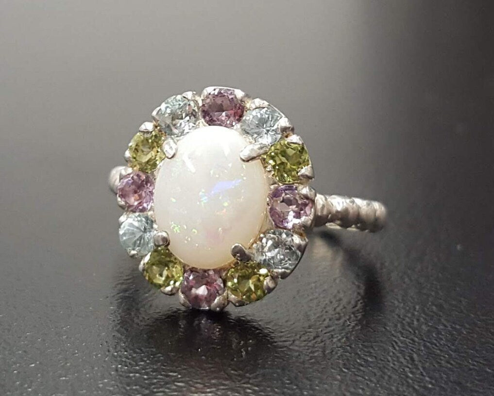 Opal Ring, Australian Opal Ring, Topaz Ring, Natural Opal Ring, October Ring, Real Opal, Victorian Ring, Silver Ring, Vintage Ring, Opal