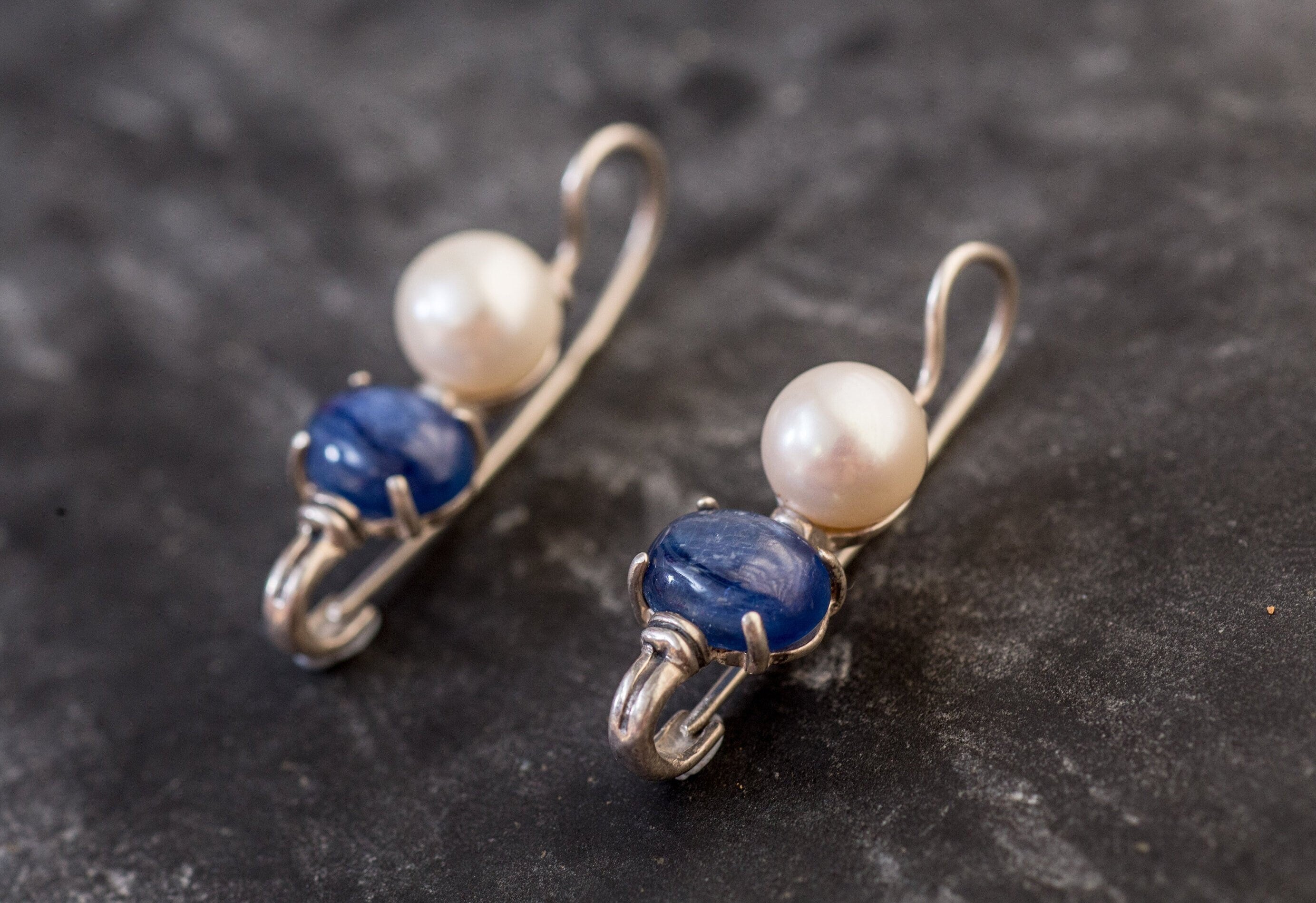 Pearl Earrings, Kyanite Earrings, Natural Pearl, Natural Kyanite, Long Earrings, June Earrings, Sterling Silver Earrings, Kyanite, Pearl