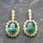Created Emerald Earrings made in 18k Gold Vermeil with Oval Created Green Emerald in Halo setting, May Birthstone gift idea, symbolizes, ideal for everyday wear and perfect for birthday gifting and special occasions.