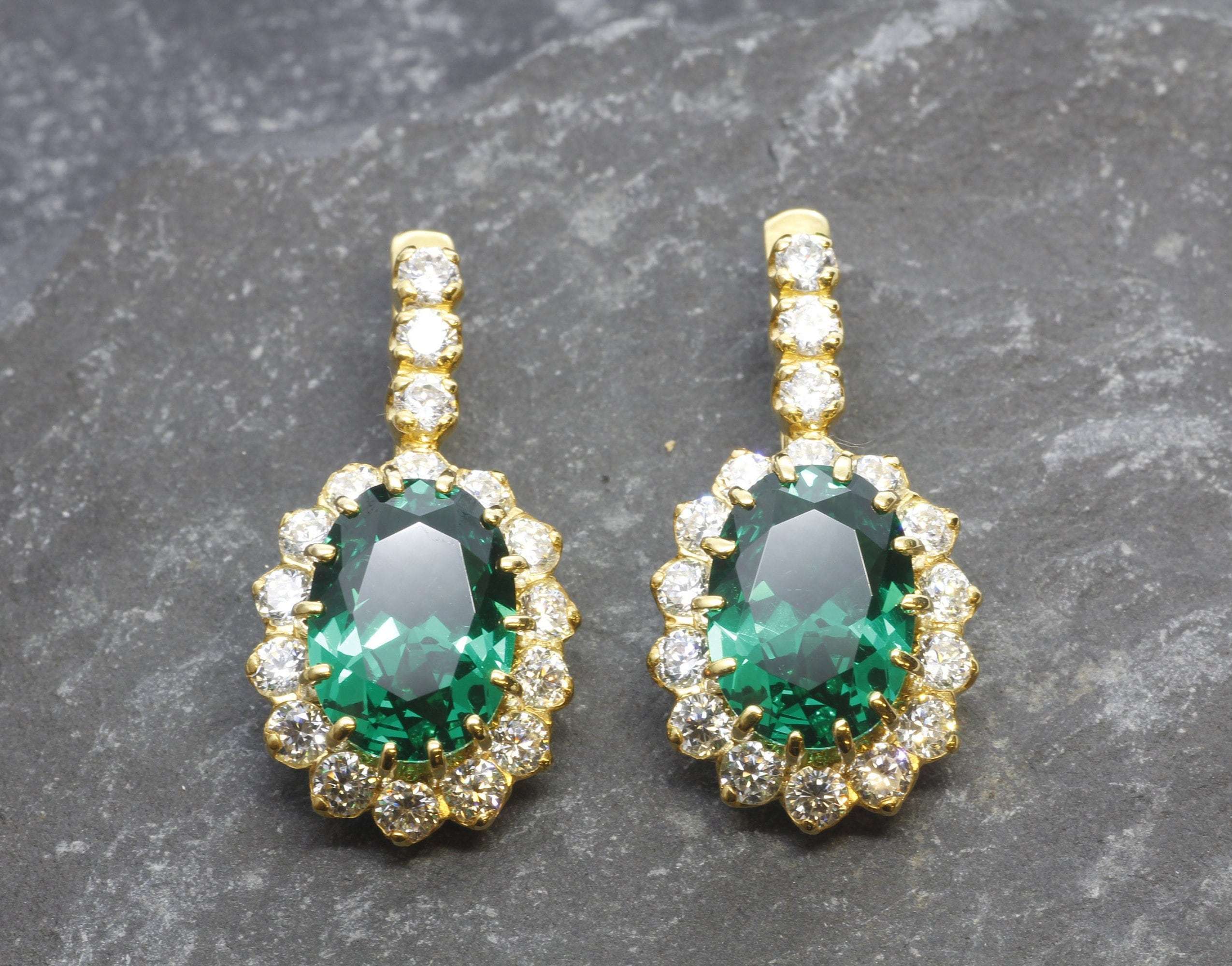 Created Emerald Earrings made in 18k Gold Vermeil with Oval Created Green Emerald in Halo setting, May Birthstone gift idea, symbolizes, ideal for everyday wear and perfect for birthday gifting and special occasions.