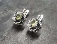 Peridot Earrings, Natural Peridot, August Birthstone, Silver Flower Earrings, Green Vintage Earrings, Rose Earrings, Solid Silver Earrings