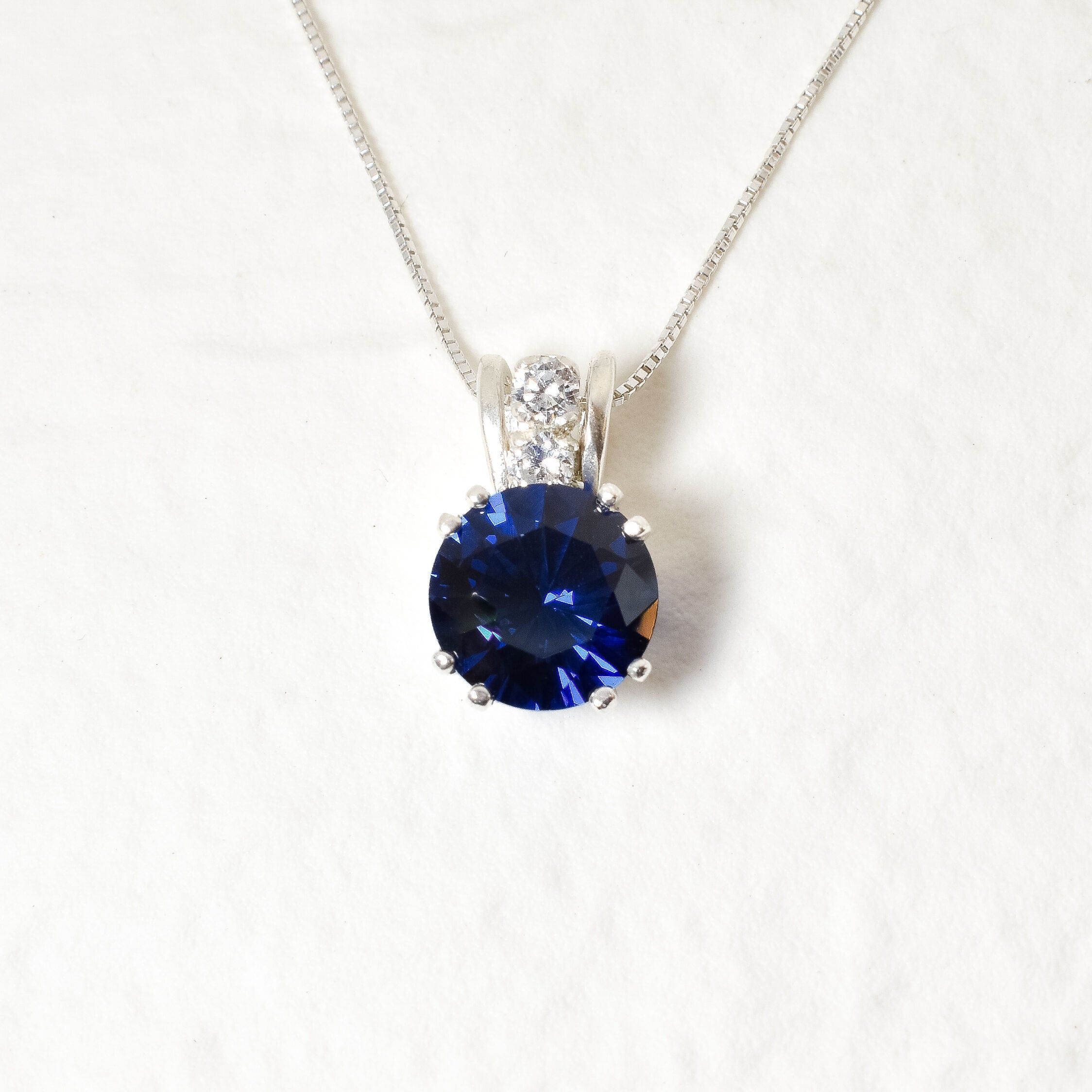 Created Sapphire Pendant made in 925 Sterling Silver with Round Created Blue Sapphire in Prong setting, September Birthstone gift idea, symbolizes sincerity, truth, and faithfulness, ideal for everyday wear and perfect for birthday gifting and special occasions.