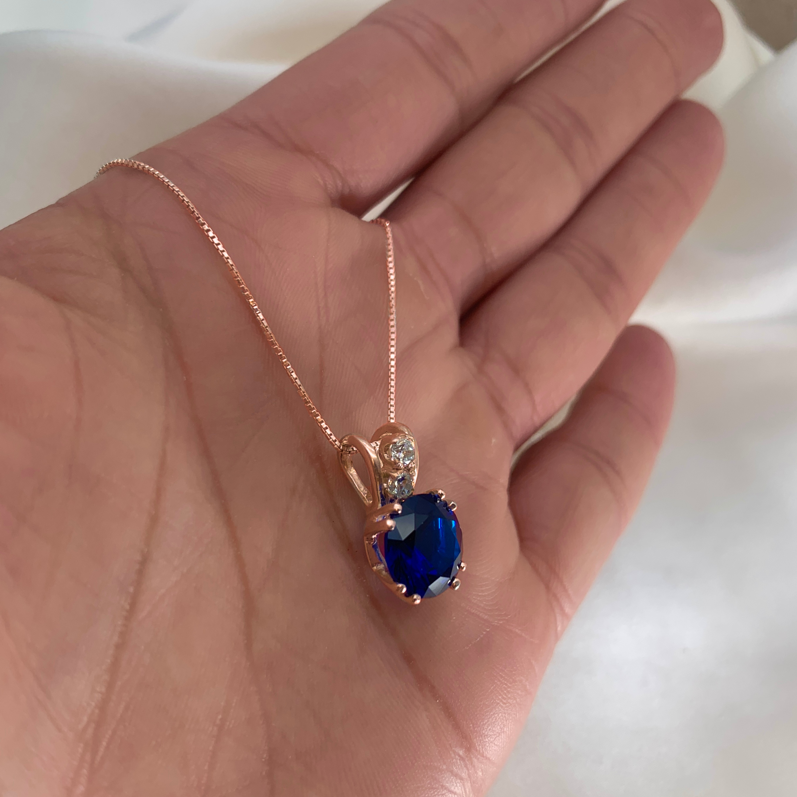 Rose Gold Vermeil Created Sapphire Pendant with Round Blue Sapphire, September birthstone, symbolizes sincerity and faithfulness.
