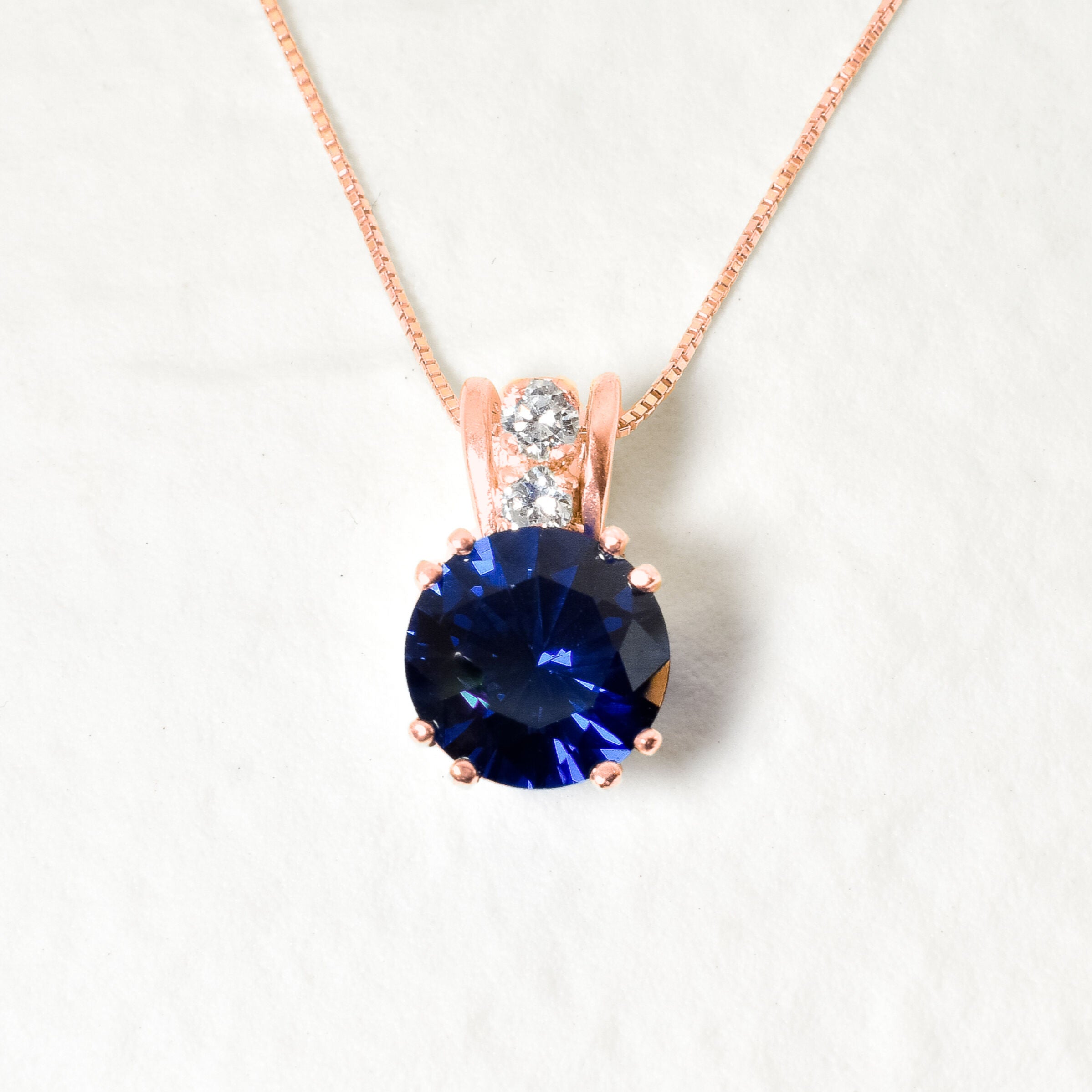 Created Sapphire Pendant made in Rose Gold Vermeil with Round Created Blue Sapphire in Prong setting, September Birthstone gift idea, symbolizes sincerity, truth, and faithfulness, ideal for everyday wear and perfect for birthday gifting and special occasions.