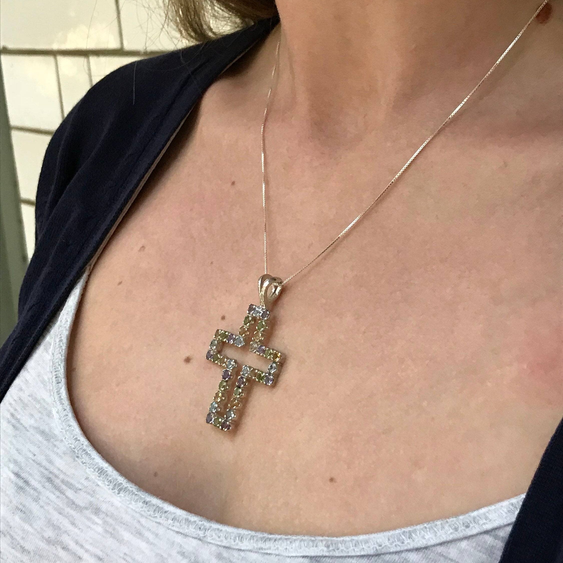 Cross Pendant, Topaz Pendant, Natural Topaz Pendant, Multistone Pendant, Birthstone Pendant, Unique Pendant, Solid Silver Pendant, Topaz