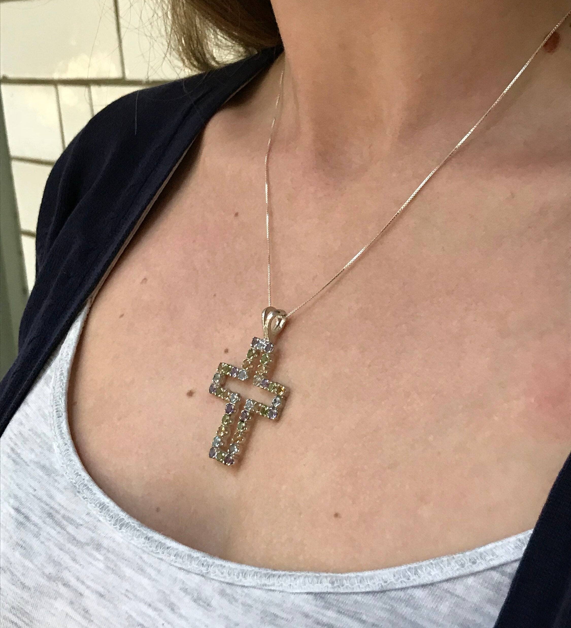 Cross Pendant, Topaz Pendant, Natural Topaz Pendant, Multistone Pendant, Birthstone Pendant, Unique Pendant, Solid Silver Pendant, Topaz