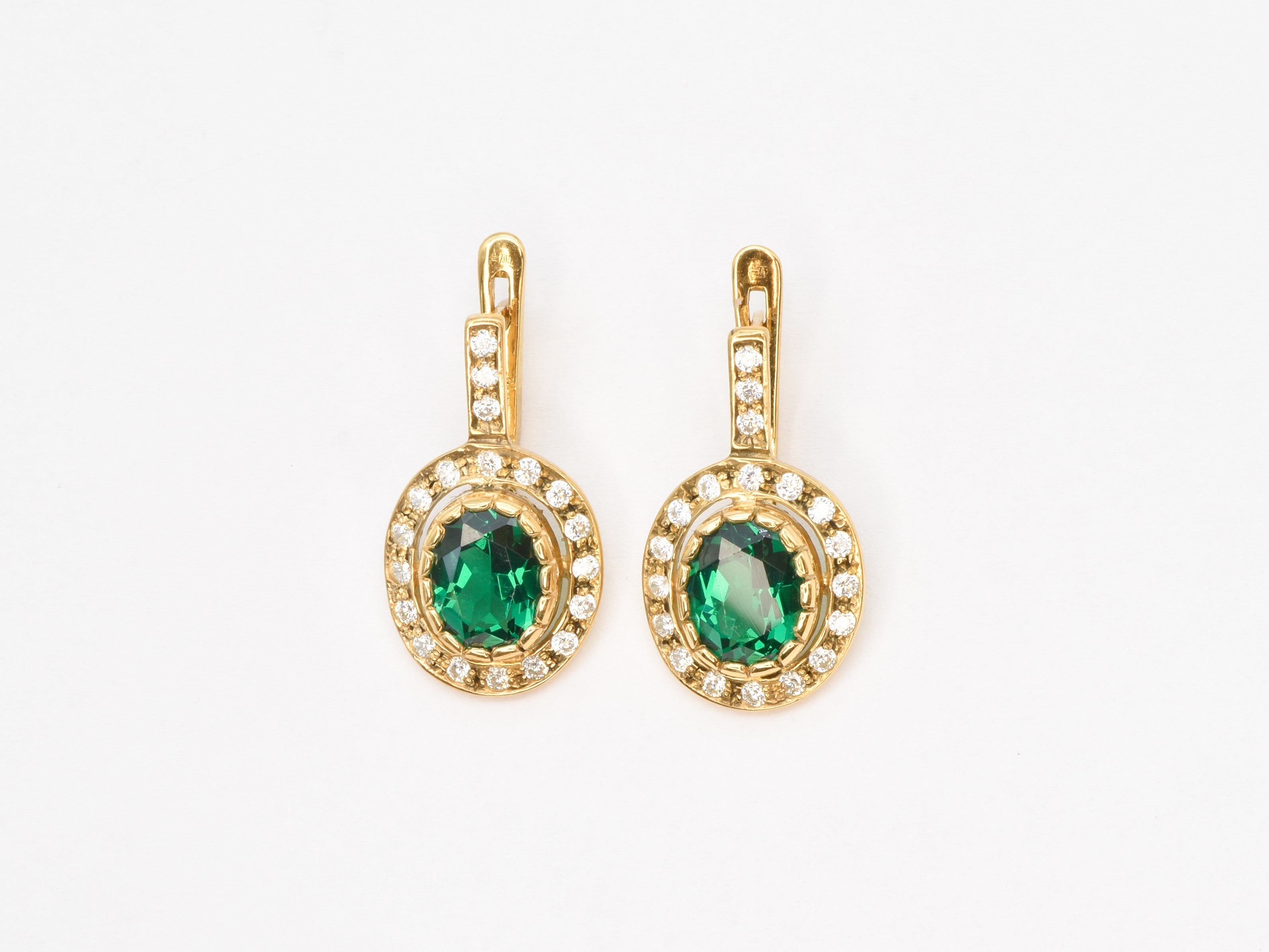 Created Emerald Earrings made in 18k Gold Vermeil with Oval Created Green Emerald in Halo setting, May Birthstone gift idea, symbolizes, ideal for everyday wear and perfect for birthday gifting and special occasions.