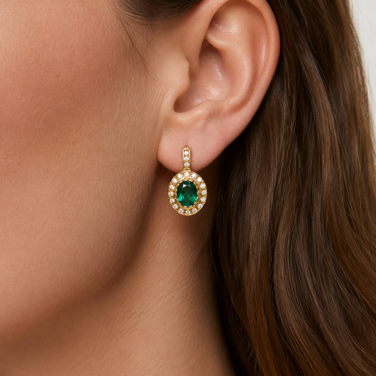 Elegant 18k Gold Vermeil Emerald Earrings with Halo setting, perfect May birthstone gift for special occasions and everyday wear.