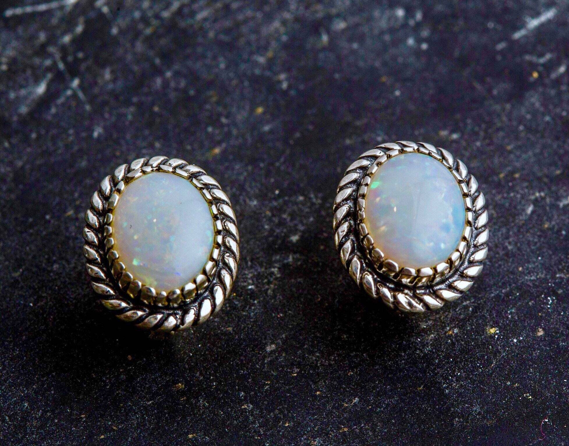 Opal Earrings, Natural Opal Earrings, October Birthstone, Australian Opal, Vintage Earrings, Large Oval Studs, White Studs, Silver Earrings