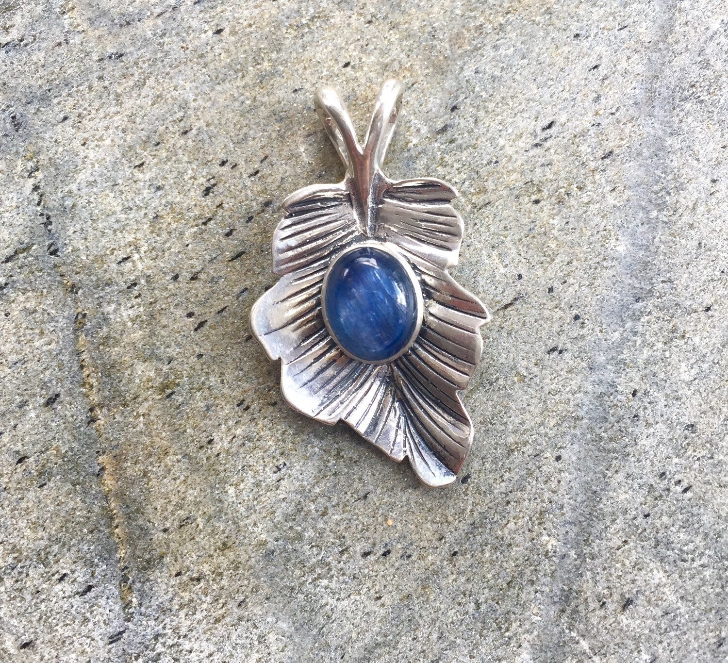 Leaf Pendant, Kyanite Pendant, Blue Kyanite, Silver Leaf, Sterling Pendant, Pure Silver, Solid Silver Pendant, Healing Stones, Natural Stone