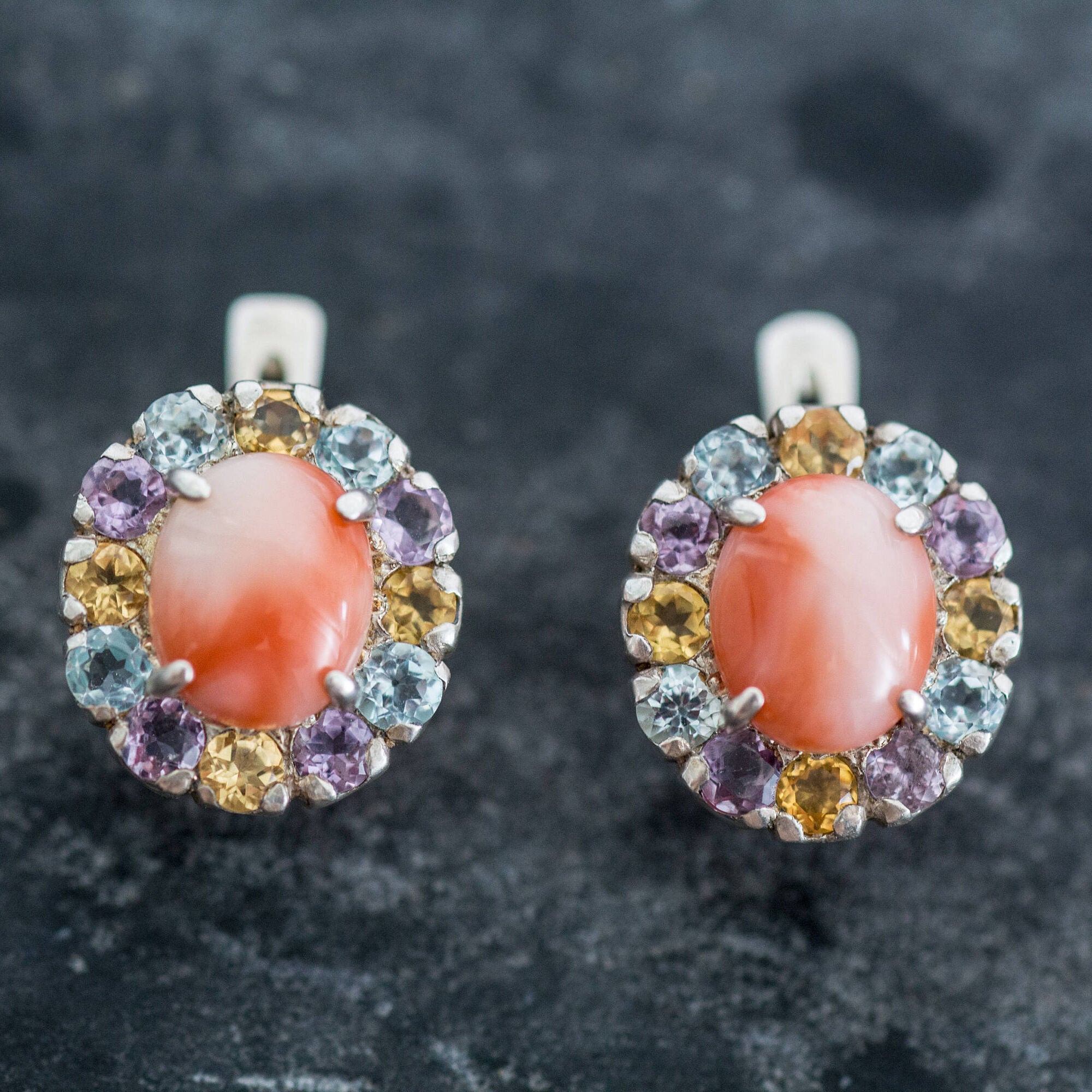 Coral Earrings, Natural Coral, March Birthstone, Pink Coral, Vintage Earrings, Topaz Earrings, Victorian Earrings, Silver Earrings, Coral