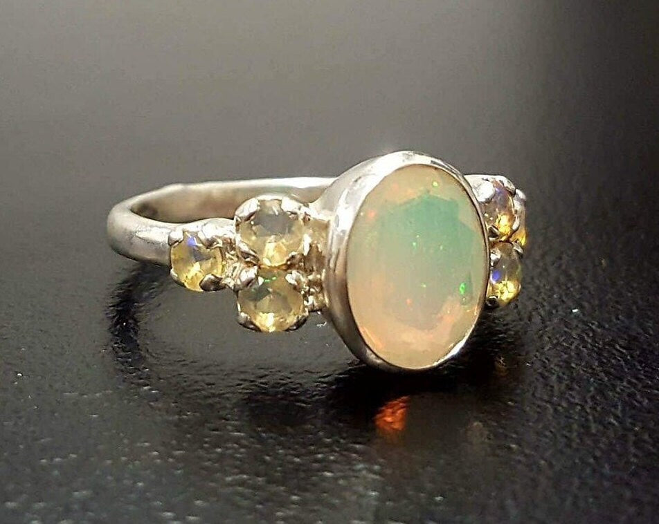 Fine Estate Crystal Opal & Diamond Cocktail Ring 14K Yellow Gold