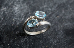 Natural Topaz Ring, Two Stone Ring, Vintage Rings, Natural Blue Topaz, 4 Carat Ring, Diamond Cut Ring, Blue Diamond Ring, Solid Silver Ring