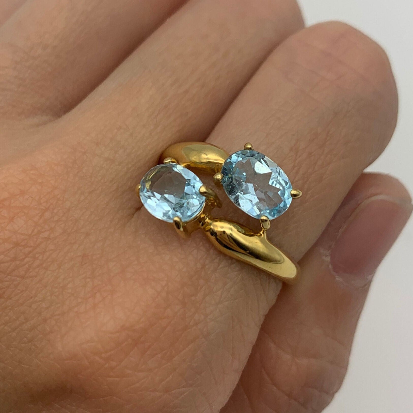 Natural Topaz Ring, Two Stone Ring, Vintage Rings, Natural Blue Topaz, 4 Carat Ring, Diamond Cut Ring, Blue Diamond Ring, Solid Silver Ring(1)