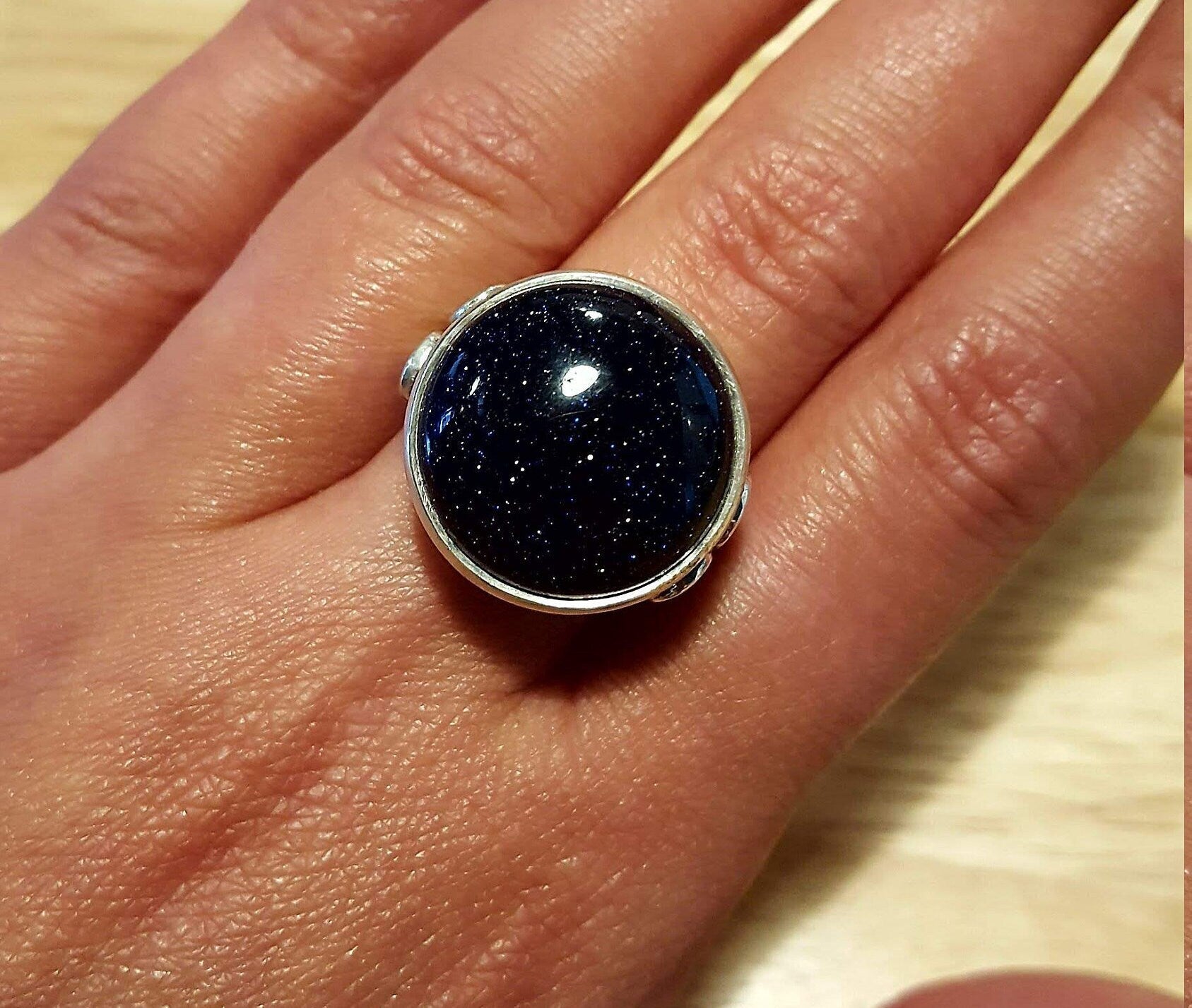Large Sandstone Ring, Blue Sand Stone, Statement Ring, Sagittarius Ring, Vintage Ring, Antique Ring, Black Ring, 925 Silver Ring, Sand Stone