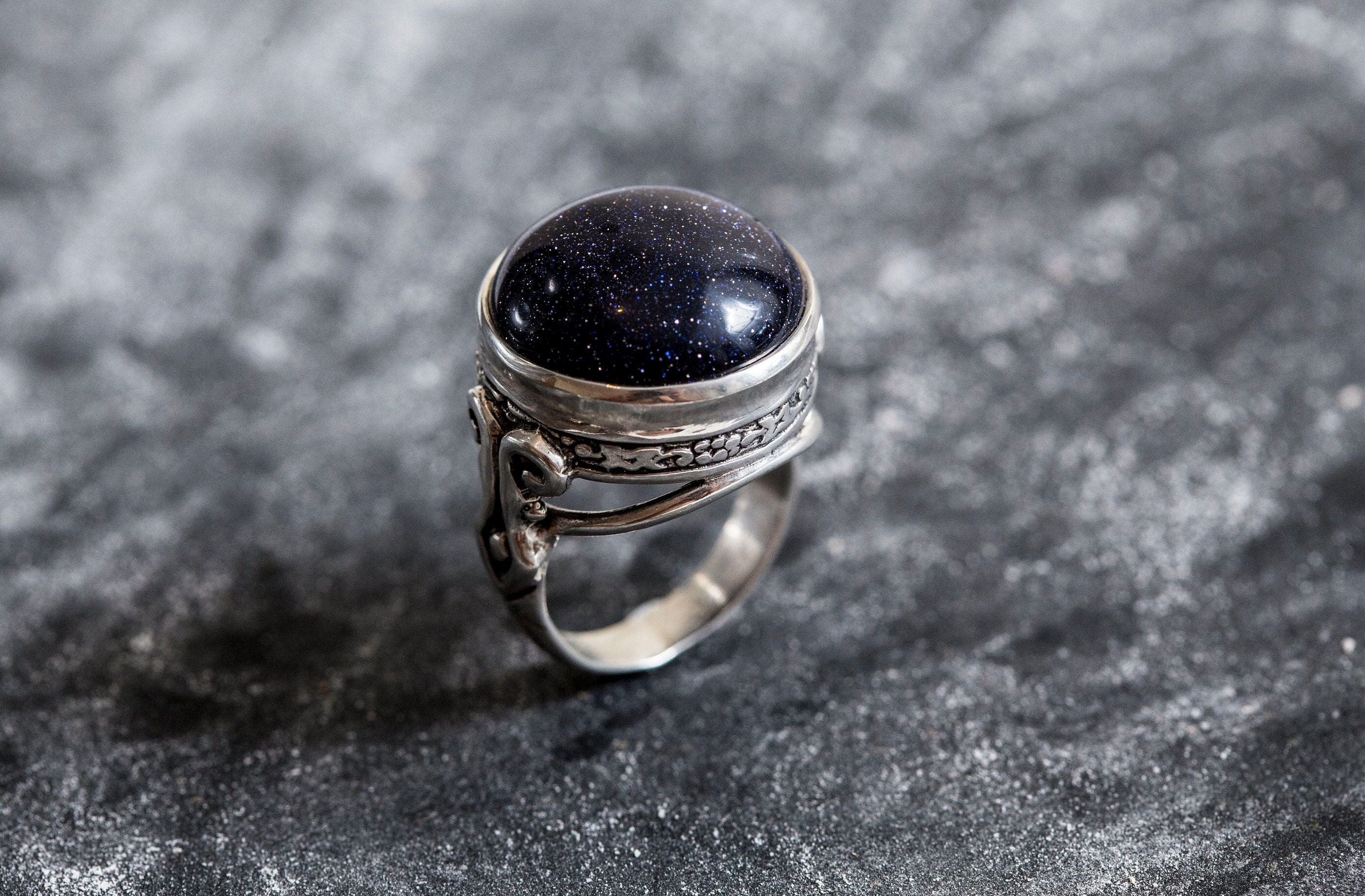 Large Sandstone Ring, Blue Sand Stone, Statement Ring, Sagittarius Ring, Vintage Ring, Antique Ring, Black Ring, 925 Silver Ring, Sand Stone