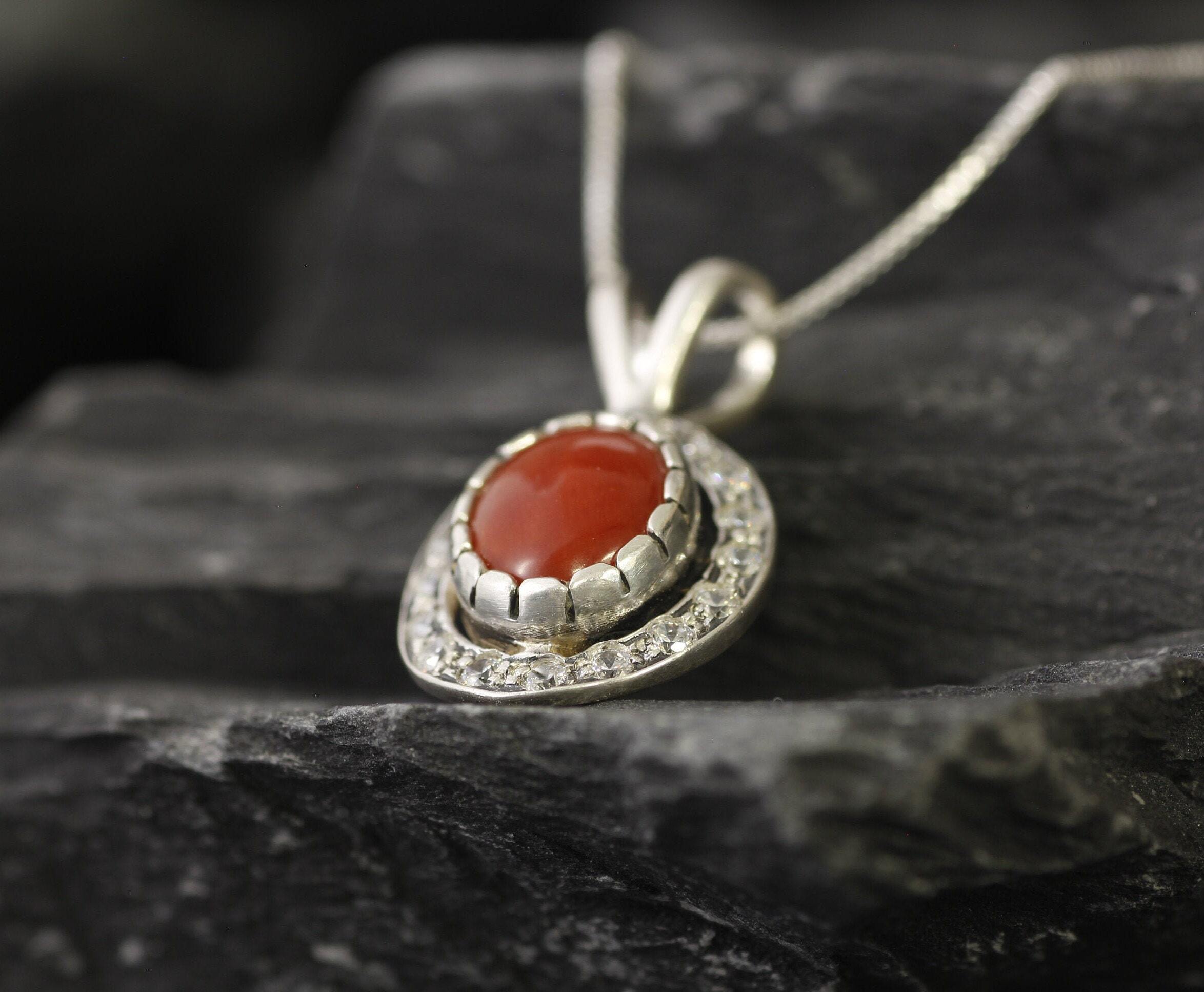 Red Coral Pendant, Antique Pendant, Natural Coral, March Birthstone, Oval Pendant, Red Vintage Necklace, Coral Pendant, Solid Silver Pendant
